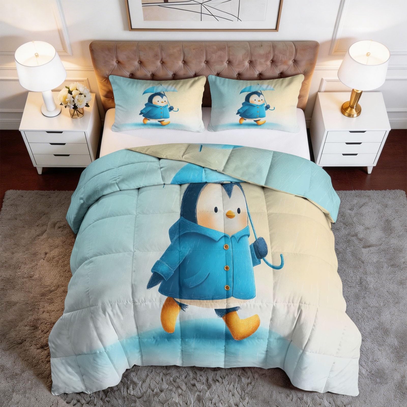 Pinguin Mit Regenmantel Und Regenschirm Bettdecke 155 x 220 cm 4 Jahreszeiten Steppdecke, Lustiger Cartoon Ganzjahresdecke Kleinkinder Bettwaren Set Babyzimmer Kinderzimmer Bettdecke Ohne Bezug