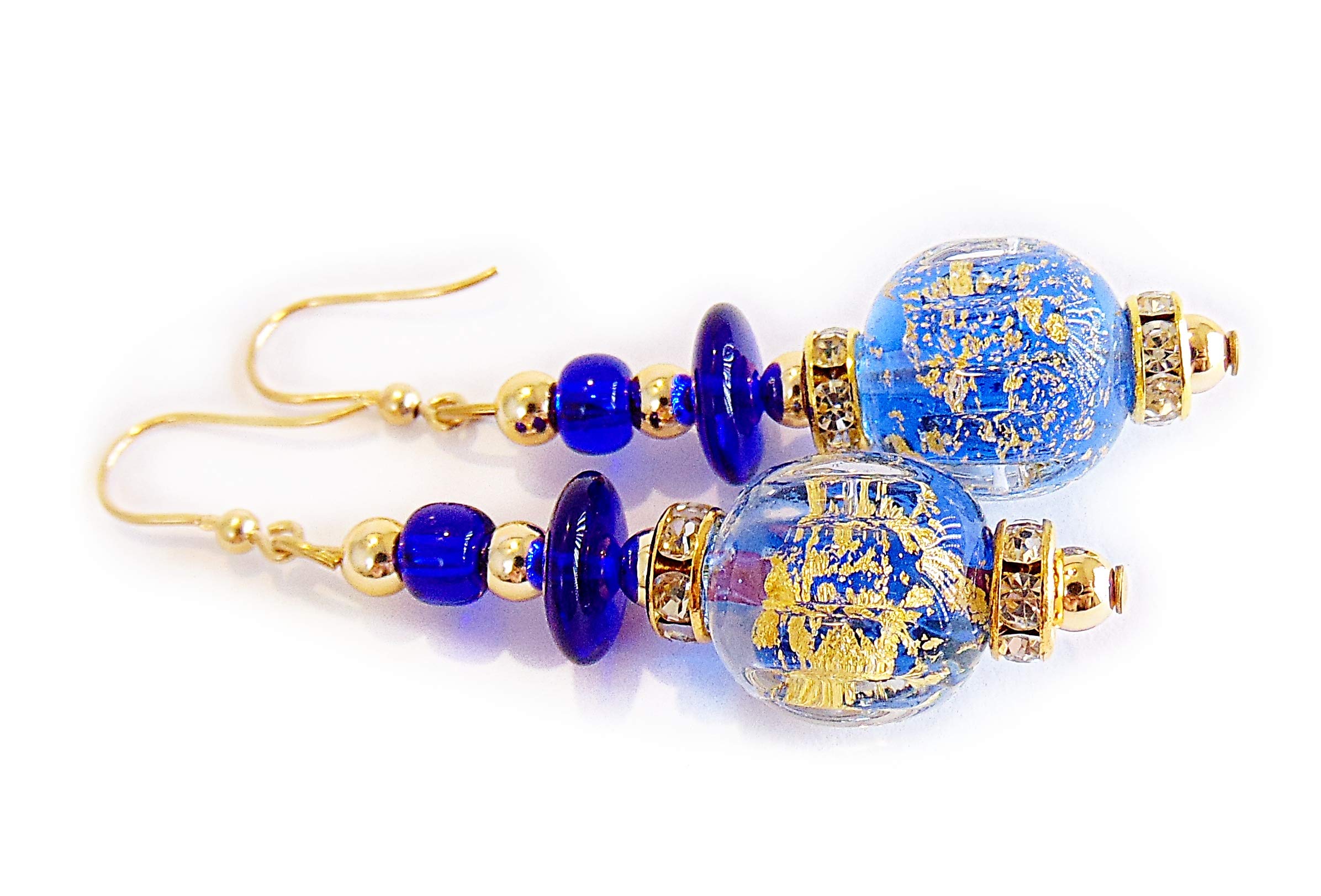 Orecchini da Donna con perle in Vetro di Murano Originale, Collezione Diana, con foglia in oro 24kt, Made in Italy certificato