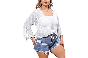 Yeaqing Women's Shrug Flare Sleeve Lace Up Sheer Boleras Shrugs with Scalloped Edges