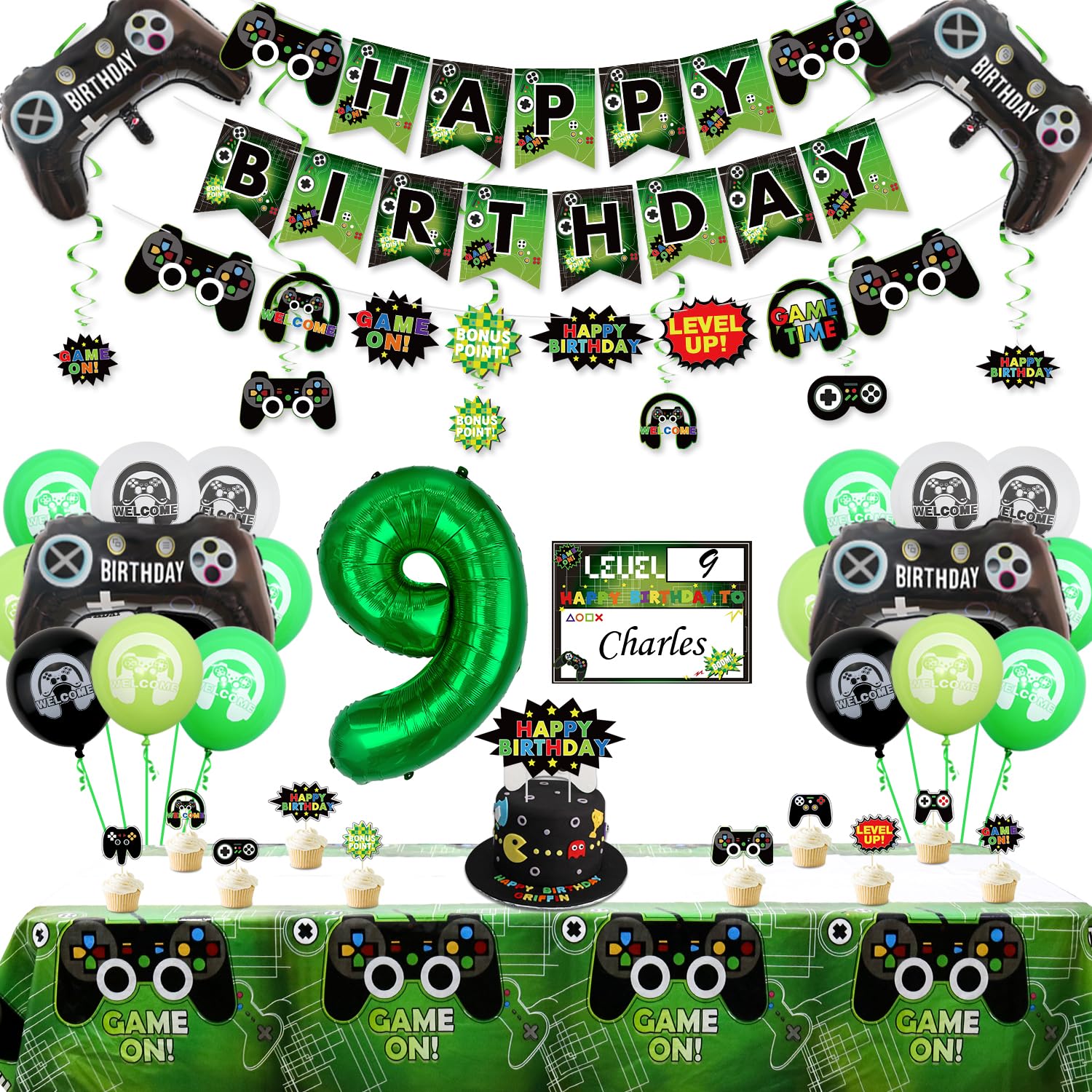 Video Game Party Decorations - 9th Birthday Decorations for Boys, HAPPY BIRTHDAY Banner, Video Game Tablecloth, Gaming Pattern Balloons, Controller