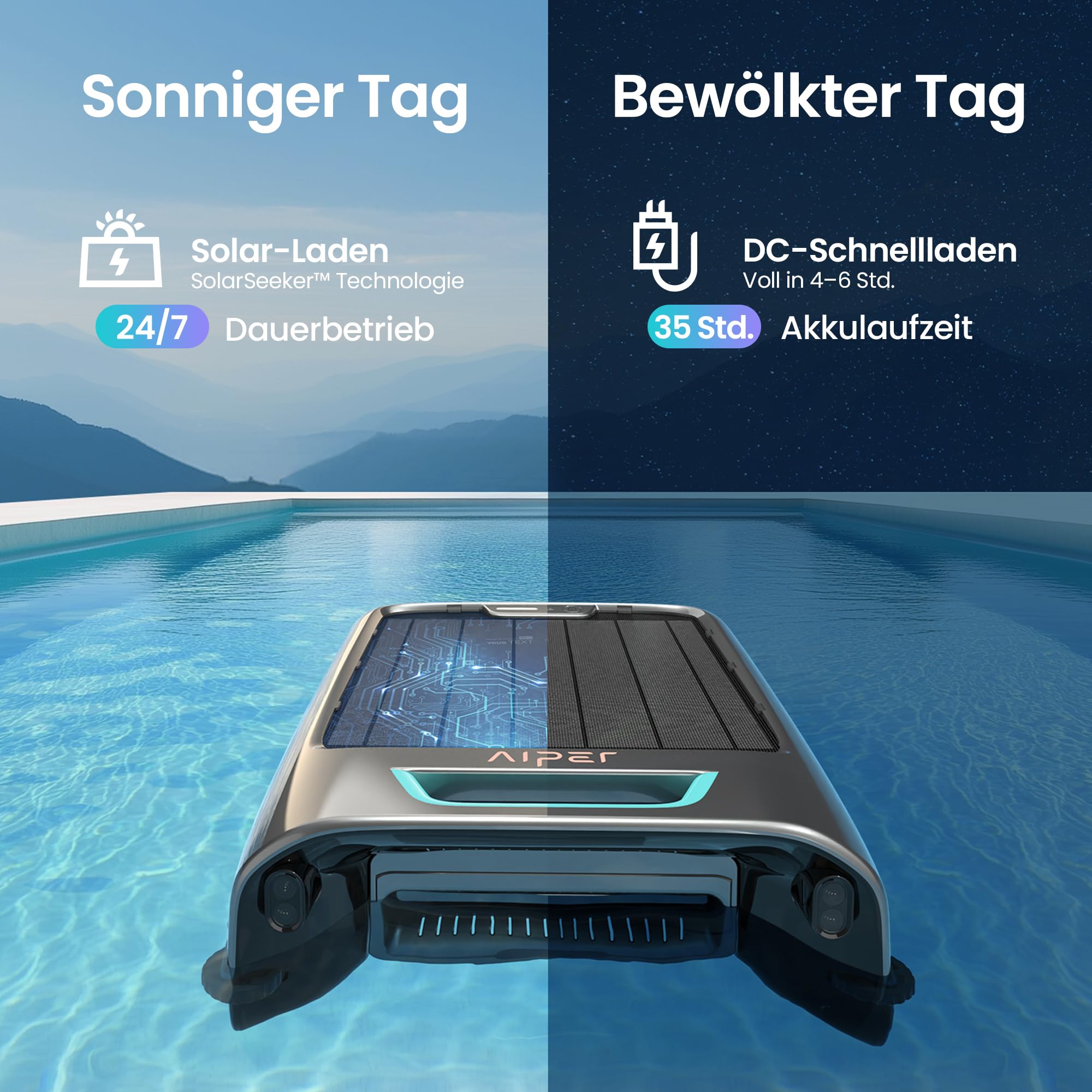 AIPER EcoSurfer S2 Solar Pool Skimmer Roboter, Poolroboter Akku mit App-Steuerung, 24/7 Oberflächenreinigung, Solar- & DC-Ladung, intelligente Hinderniserkennung, 150 µm Filter, OTA-Updates