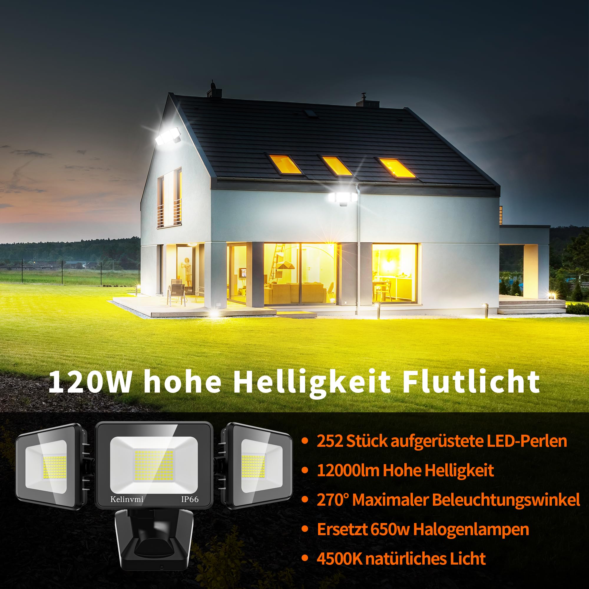 LED Strahler Außen 120W, 12000lm LED Flutlicht Außenleuchte, 4500K Warmweiß IP66 Außen Sicherheitsbeleuchtung für Garten, Garage, Haus, Hof.