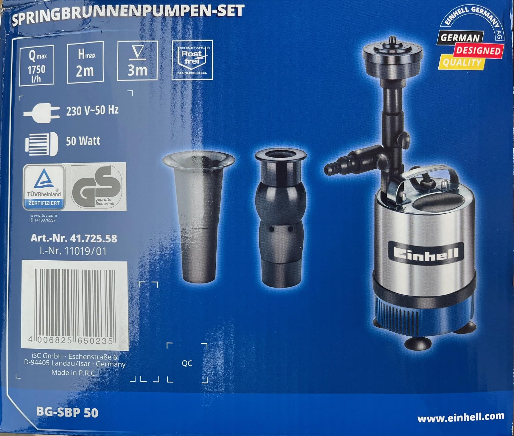 Einhell BG-PP 1750 N Springbrunnenpumpe (sauberes Wasser, Höhe (m): 2, Durchflussmenge (l/h): 1750, Temp max: 35, Tiefe (m): 3, Kabel (m): 10