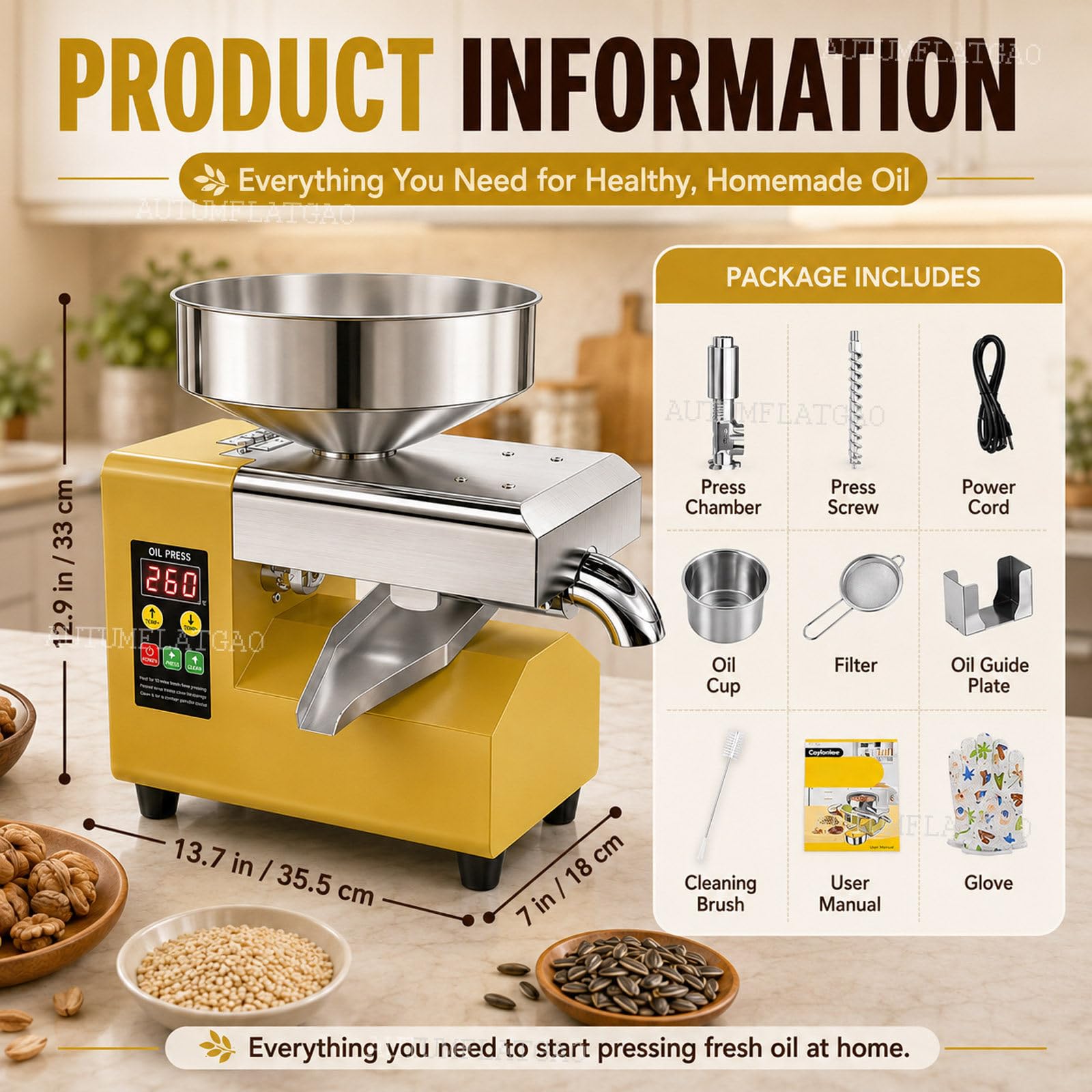 Prensa De Aceite 1500 W, Prensado En Frío Y Caliente Para Nueces Y Semillas | Ajuste De 40–300℃ Para Prensado Suave O En Caliente De Cacahuetes, Sésamo, Girasol, Nueces Y Otras Semillas