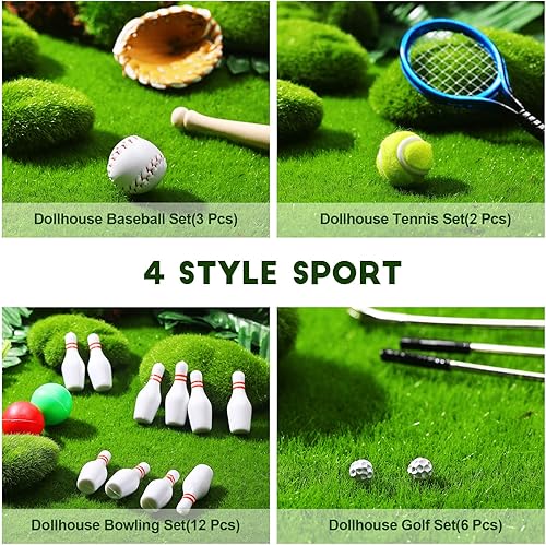 Miniatura 4 de Skylety Juego de 23 piezas de deportes en miniatura para casa de muñecas, mini golf, béisbol, tenis, bolos, palos de pelota de golf, raqueta, mini