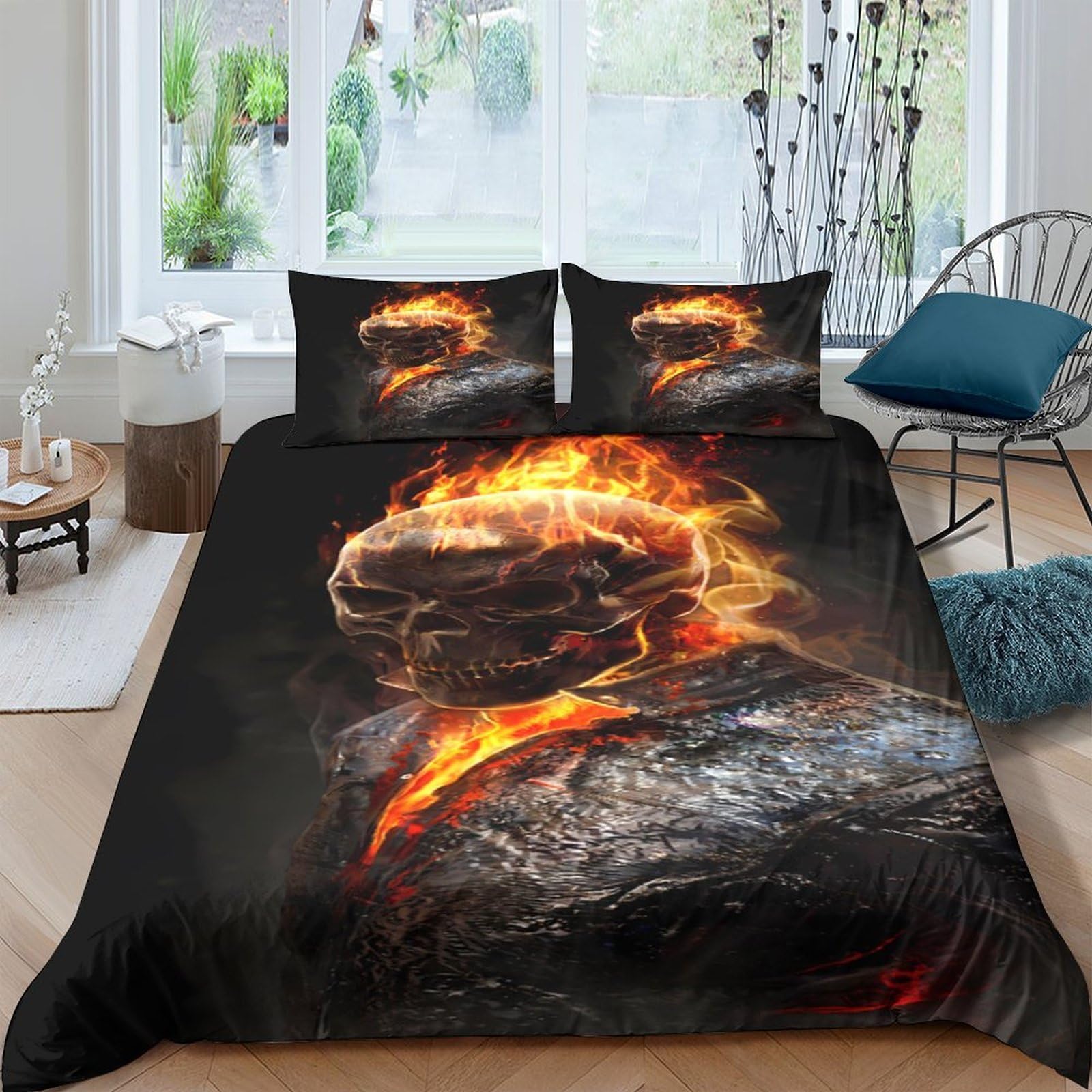 Ctjqhvkz Style-10 3D Printed Fire Skull Fitted Sheet Microfiber Soft Black Flame Bed Cover For Bedroom Dorm Mattress Protection Decor Single（135X200cm）