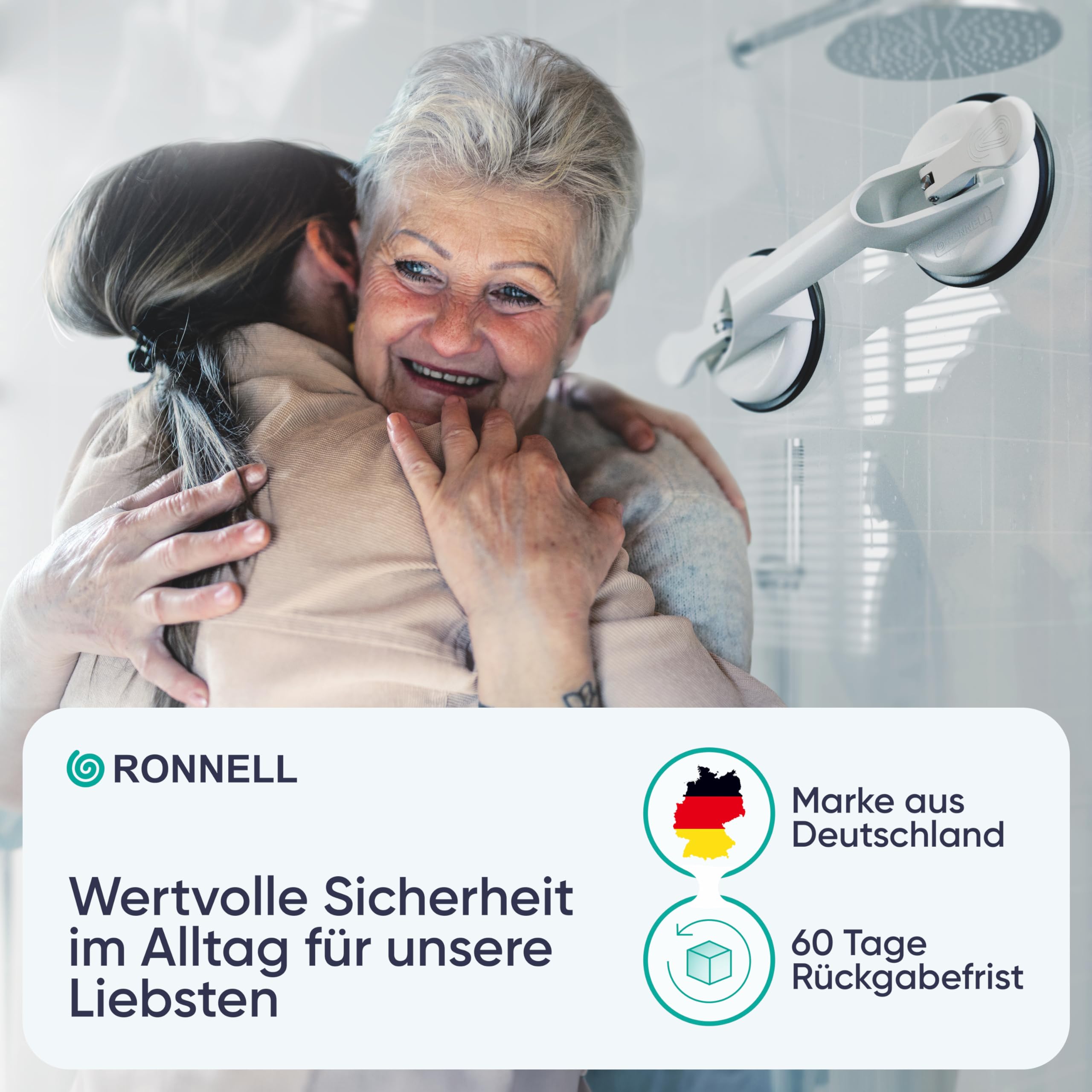 RONNELL – Haltegriff – Mega starker Halt – Haltegriff Dusche – Leichte Anbringung ohne Bohren, Duschgriff mit Saugnapf, Sauggriff Bad für Senioren