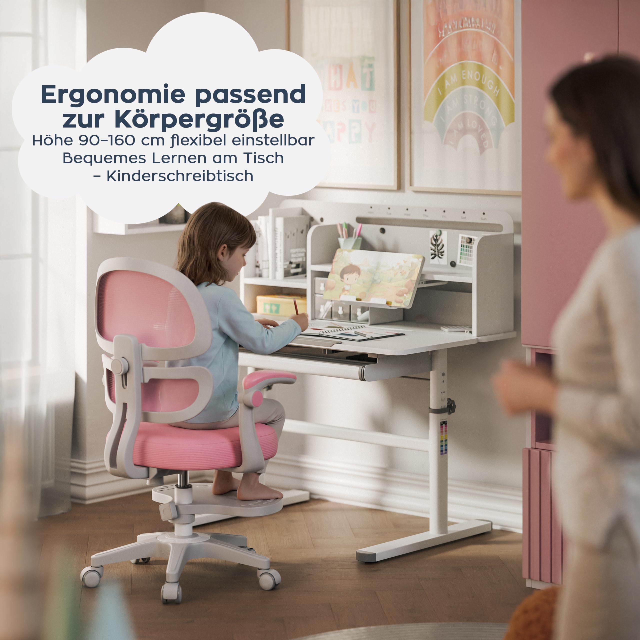 MARK ADLER Study 5.7 Kinderschreibtisch Höhenverstellbar – Schreibtisch Kinder – Lerntisch Kinder Ergonomisch – Neigbare Tischplatte – Mit Schublade Ablage und Buchstütze – Grau