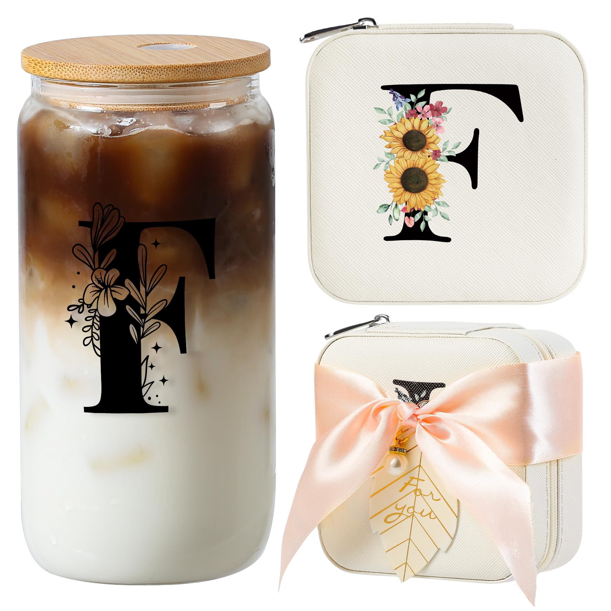 AYGXU Bridesmaid proposal gifts,Travel Initial Jewelry Box for Girls,Travel Jewelry Case,Initial Glass Cup,Cute Tumbler Cup,Small Jewelry Organizer for Teen Girls Gifts,Initial F white