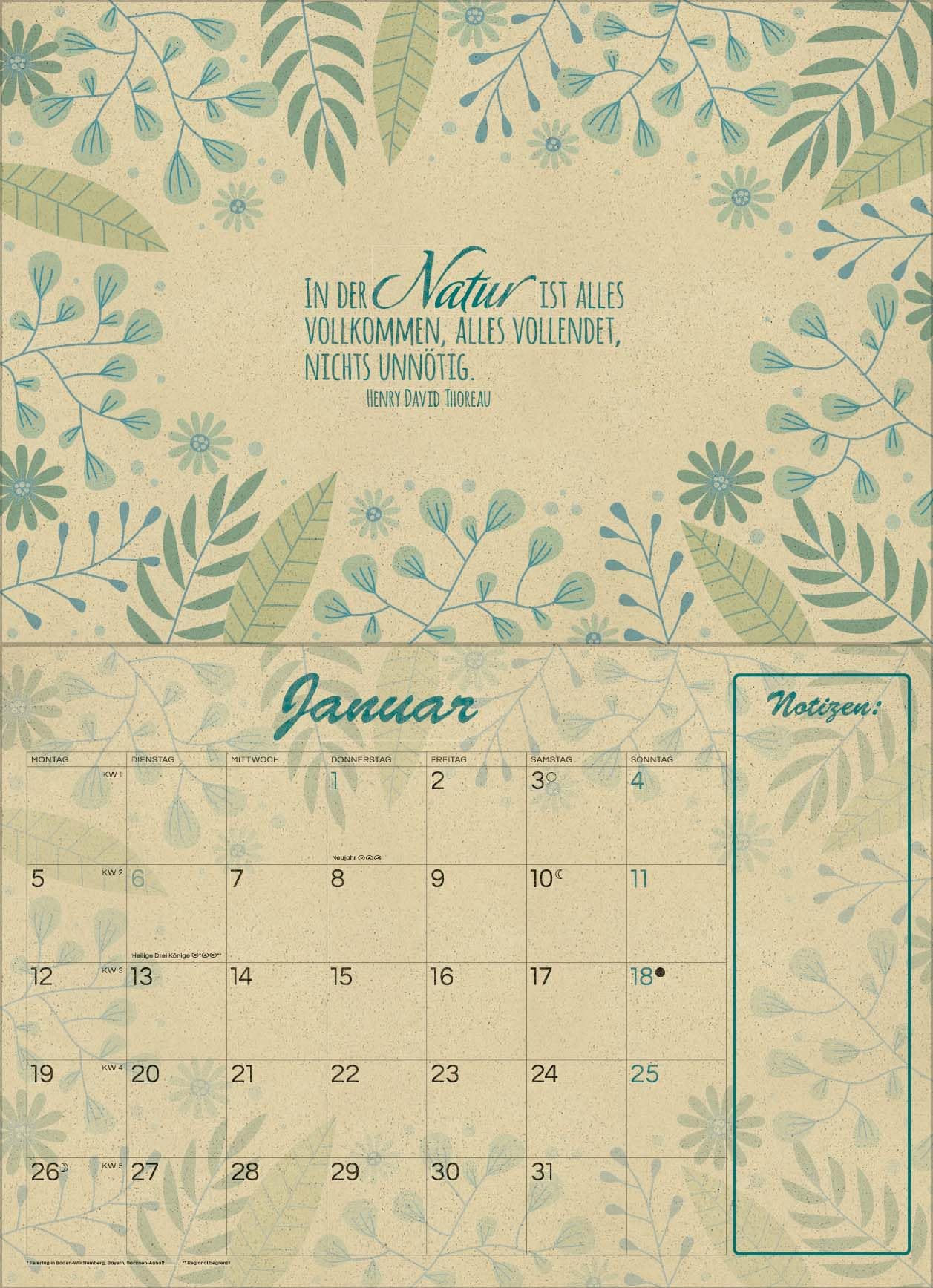 Natural Art Graspapier 2026: Broschürenkalender mit Ferienterminen. Format: 42 x 29 cm