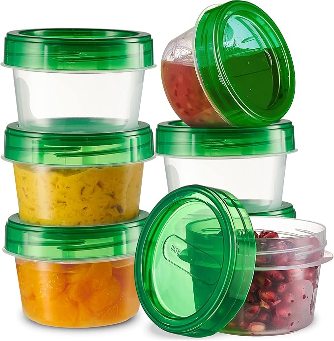 PLASTICPRO 6 Pack Twist Cap Food Storage Containers with Green Screw on Lid 4 oz