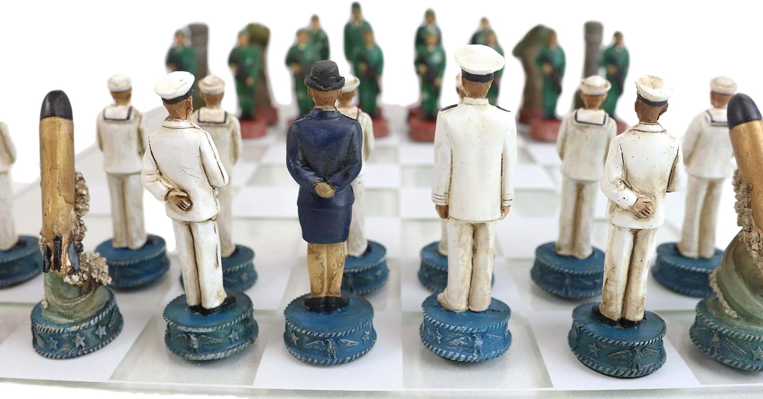 Ebros American Military US Army Land Warfare Branch VS Navy Naval Warfare Branch Colorful Chess Pieces with Fine Clear and Frosted Checkered Glass Board Set Soldiers Sailors Gaming Fun Patriotic Game