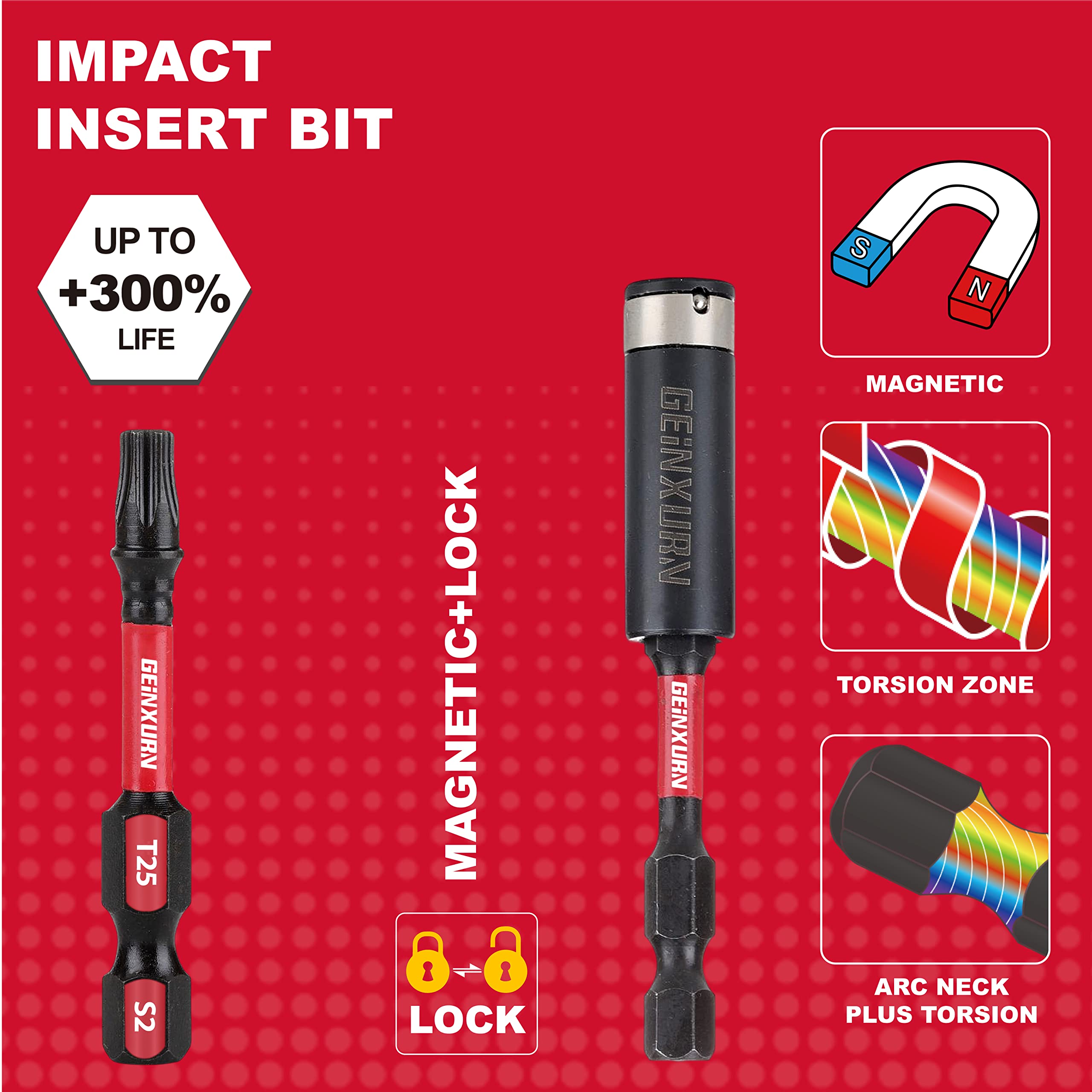 GEINXURN 50 sztuk T25 2 In. Impact Tough Magnetic #25 Torx Head Power Bits, zestaw bitów wkrętakowych ze stali stopowej S2 T25 z 1 uchwytem na bity udarowe