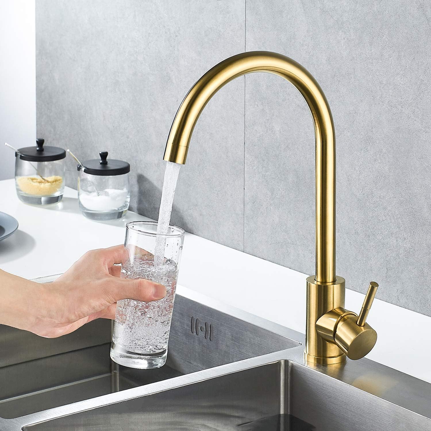 Single Handle High Arc Brushed Gold Kitchen Faucet Stainless Steel Commercial Single Hole Kitchen Sink Faucet,Modern One Hole Bar Sink Faucet with Deck Plate