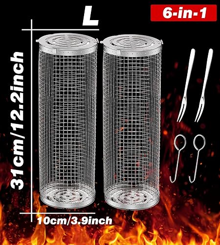 Miniatura 41 de Cestas de parrilla con ruedas para parrilla al aire libre, tubo de red de barbacoa de acero inoxidable, accesorios grandes de malla redonda, jaula