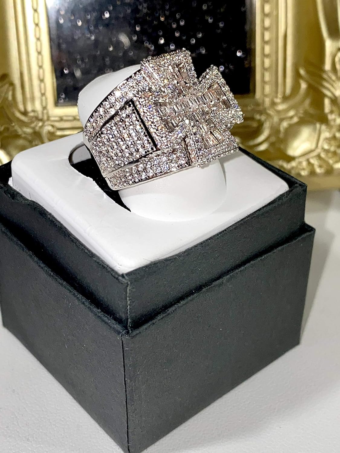 Baguette Cross Ring Rhodium Finish CZ Iced Out Hip Hop Ring for Men Size 6-11
