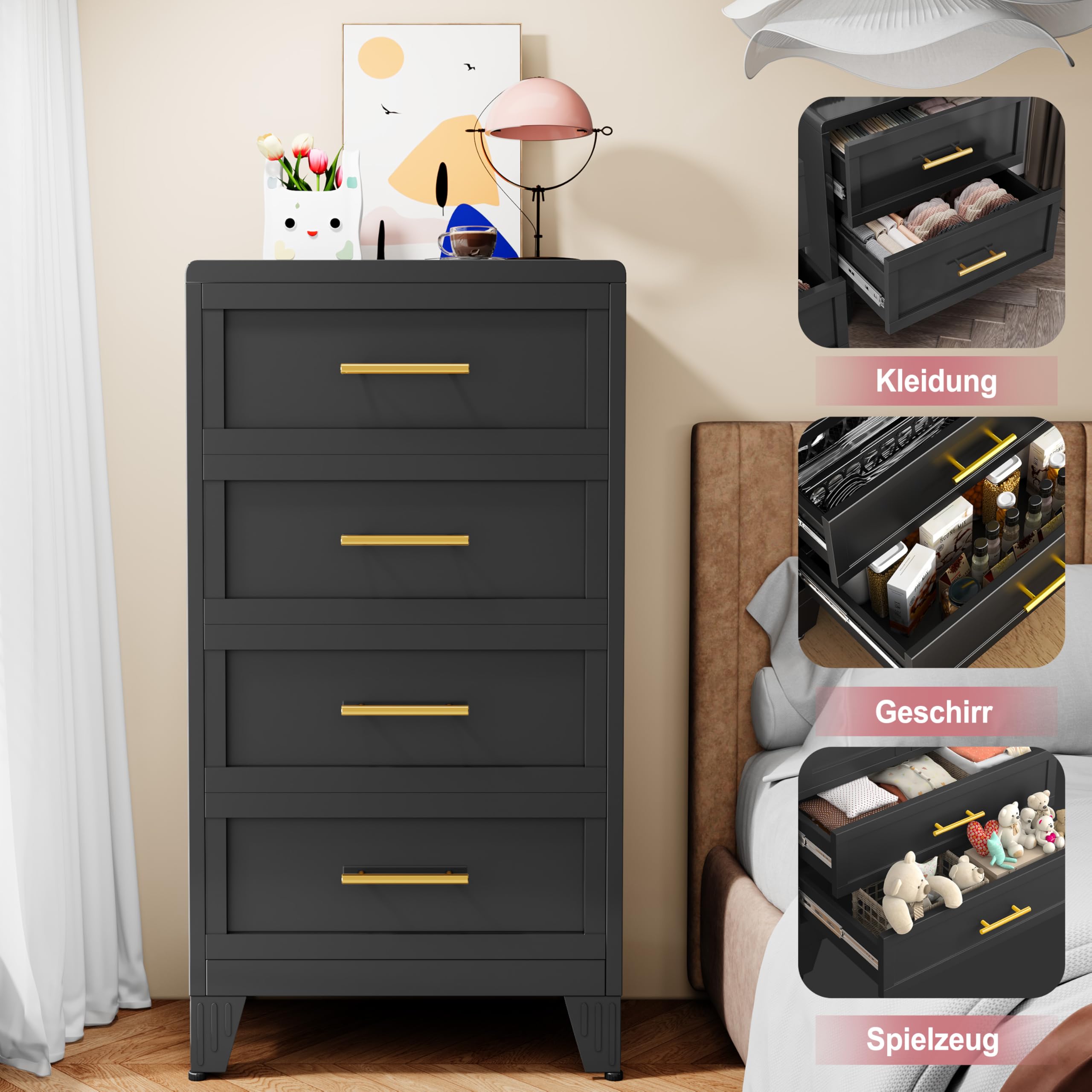 4 Schublade Metall Datei Schrank, hohe breite Tiefe Kommode Schrank, Aufbewahrungsschrank mit Schublade Organizer Einheit für Kleidung, Schlafzimmer, Wohnzimmer, Flur, Eingang, Schwarz