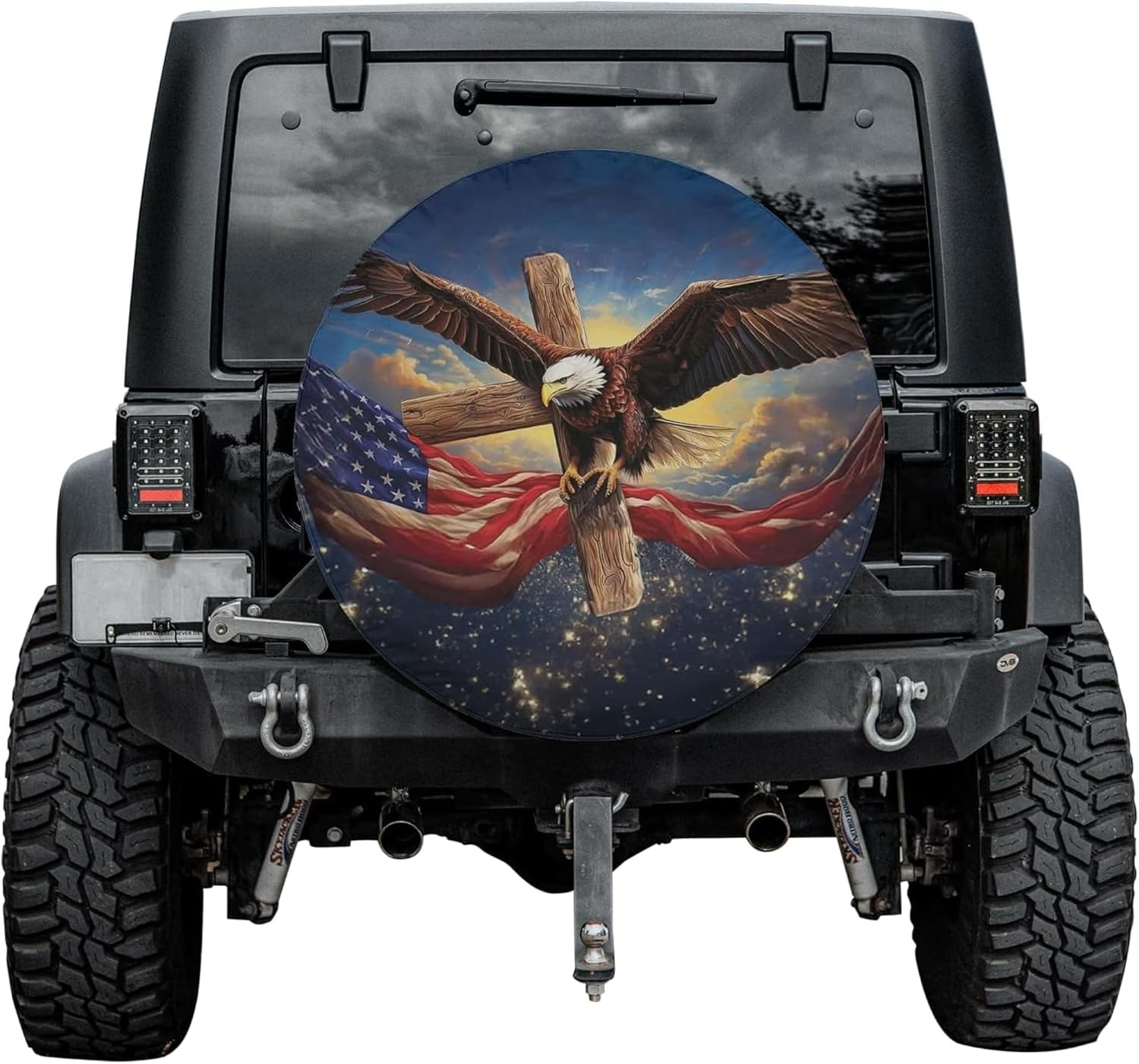 ThangPham Shop Christian Jesus and America Eagle Spare Tire Cover with/Without Backup Camera Hole – Patriotic Faith Wheel Protector (Style 3)