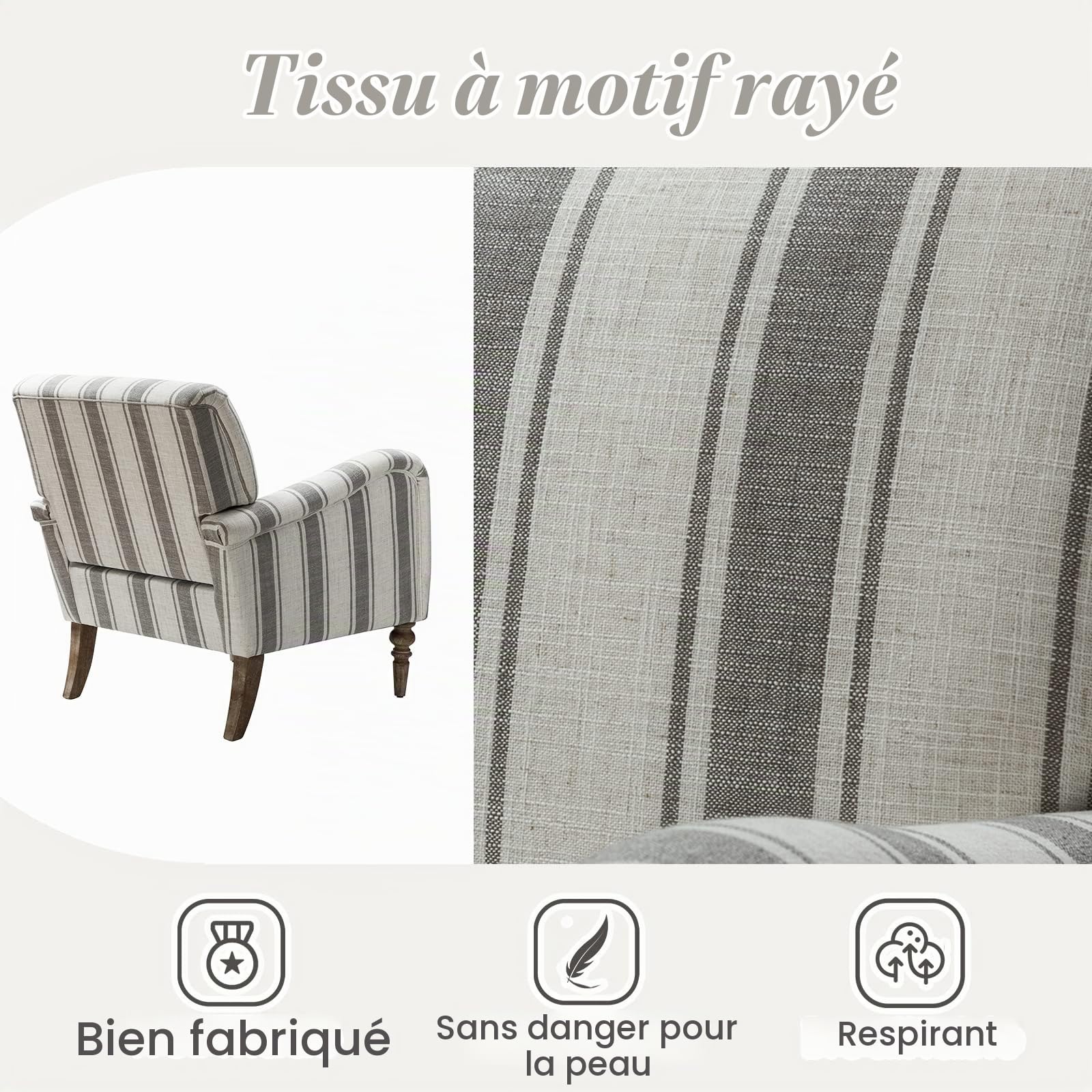 HULALA HOME Fauteuil, Fauteuil, Chaise rembourrée Confortable avec Pieds en Bois Massif, Chaise Longue pour Salon et Chambre à Coucher (Grey)