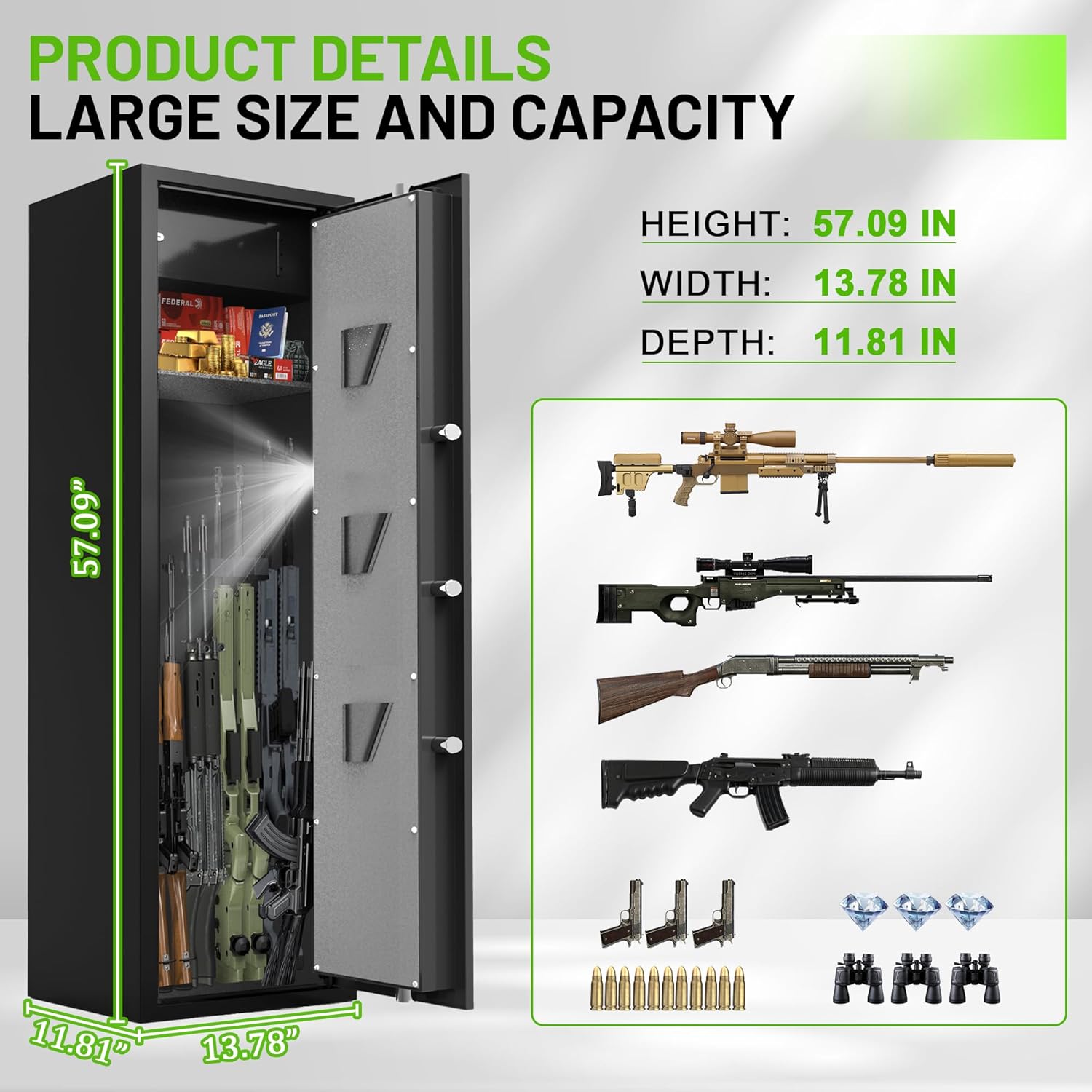 Marcree 8-10 Gun Safe for Rifles and Pistols, Biometric Fingerprint Gun Safes,Heavy Duty Steel Gun Cabinet with 60mm Thick Door & 5x20mm Solid Bolts, Rifle Safes for Home, No Assembly Required