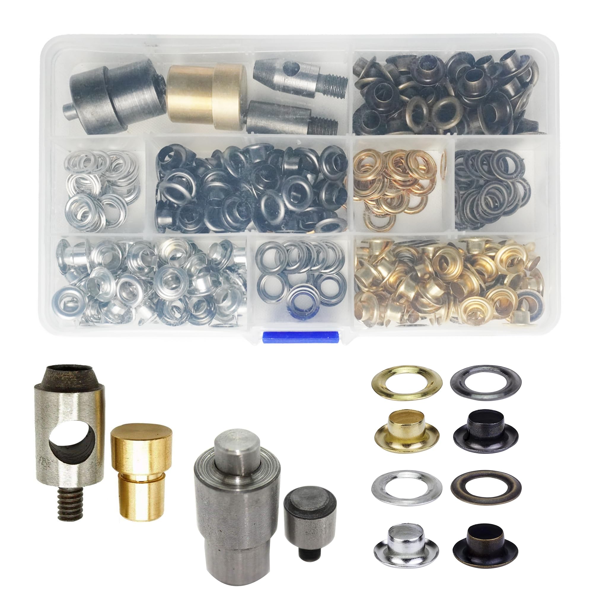 Trimming Shop Kit di occhielli da 6 mm, 200 occhielli in 4 colori con fustelle di fissaggio, set per progetti fai da te, artigianato della pelle, riparazione abbigliamento, scarpe, borse