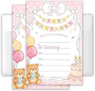 4x6 Watercolor Teddy Bear & Bow Birthday Invitation Set (20 Cards + 20 Envelopes)-Cute Pastel Pink Party Invitations for Girls & Toddlers.(127)