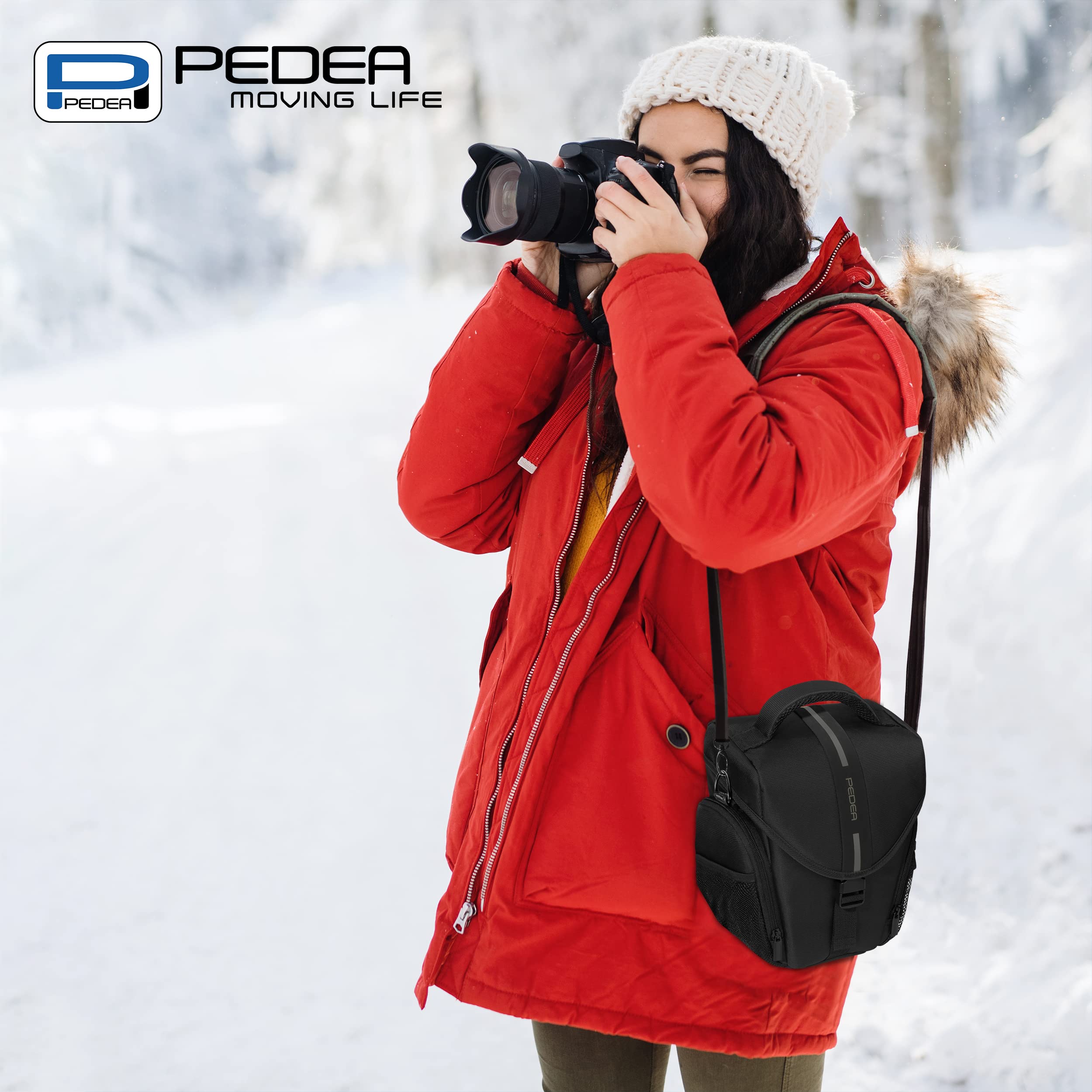 PEDEA DSLR-Kameratasche Essex Fototasche für Spiegelreflexkameras mit wasserdichtem Regenschutz, Tragegurt und Zubehörfächern, Gr. L schwarz/grau