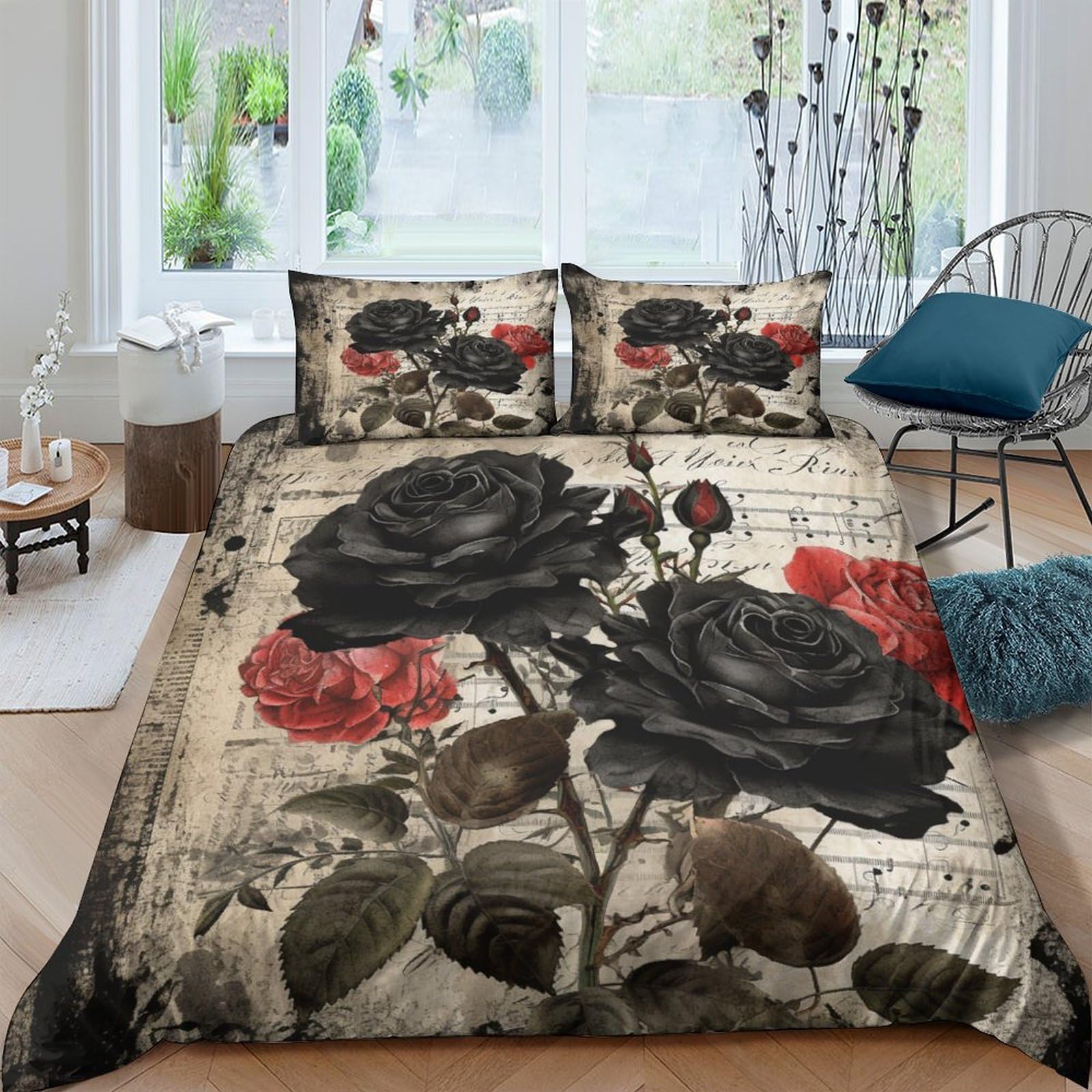Housses de couettes rose noire 3D parure de lit 200x200 cm fermeture éclair microfibre
