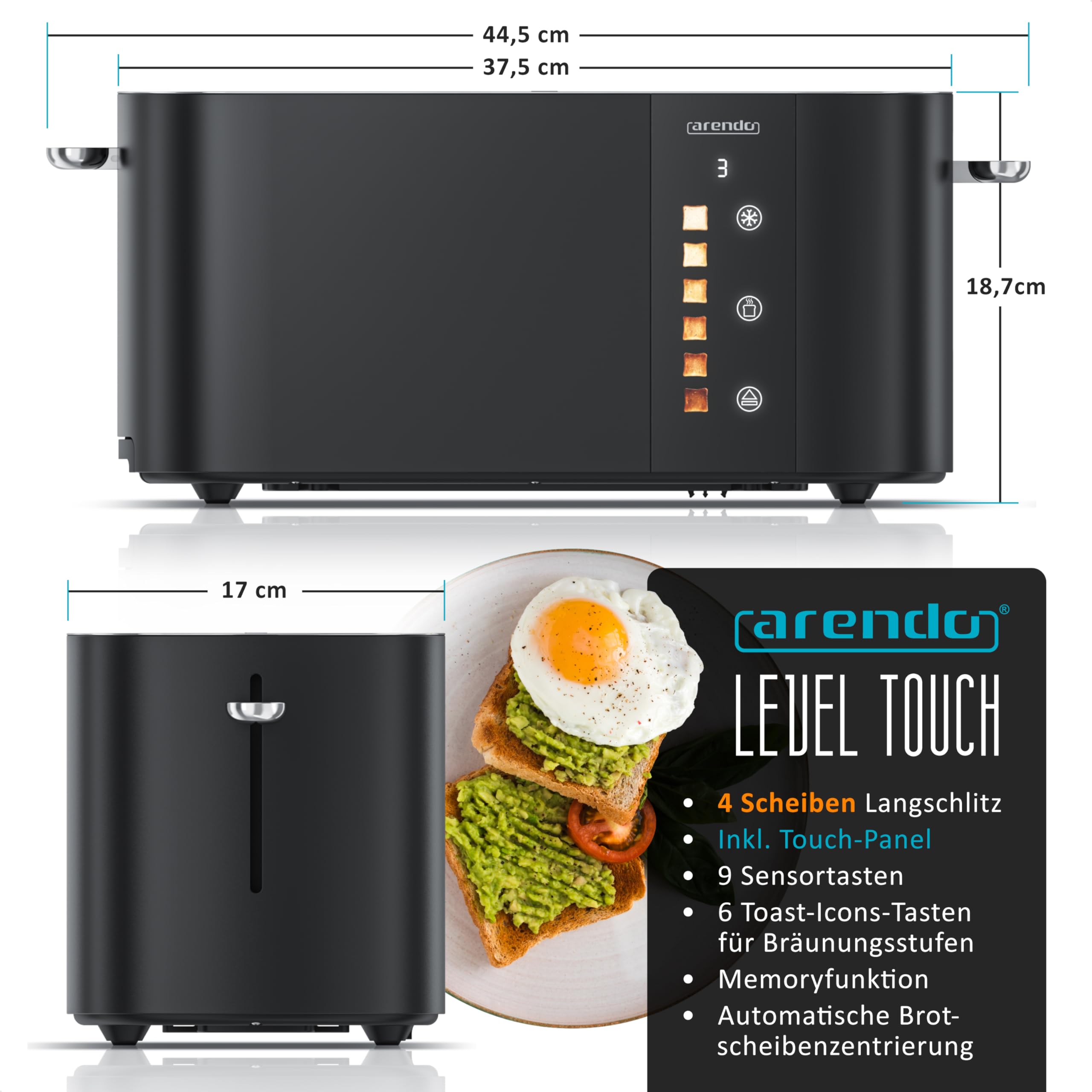 Arendo - Edelstahl Toaster 4 Scheiben Langschlitz - Touchscreen – Doppelwandgehäuse – 1500 W – Integrierter Brötchenaufsatz – 6 Bräunungsgrade – Brotzentrierung – Restzeitanzeige – Memoryfunktion