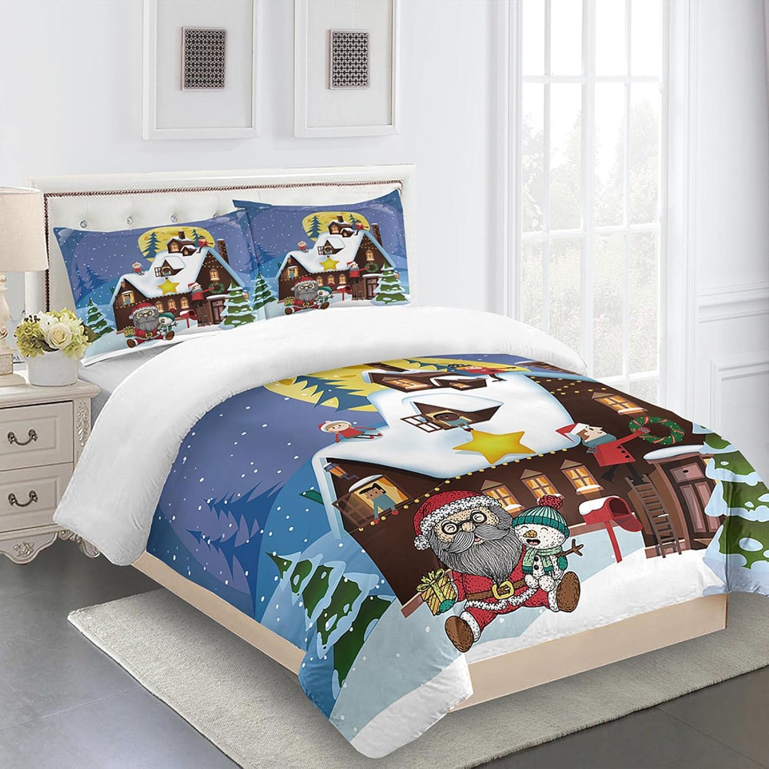 REKKNA Funda De Edredón Infantil Navidad Casas Papá Noel 260X240Cm Juego De 3 Piezas 100% Microfibra Suave Y Cómoda, Funda Nórdica, 1 Funda Nórdica + 2 Fundas De Almohada Aptas para Habitación Infan