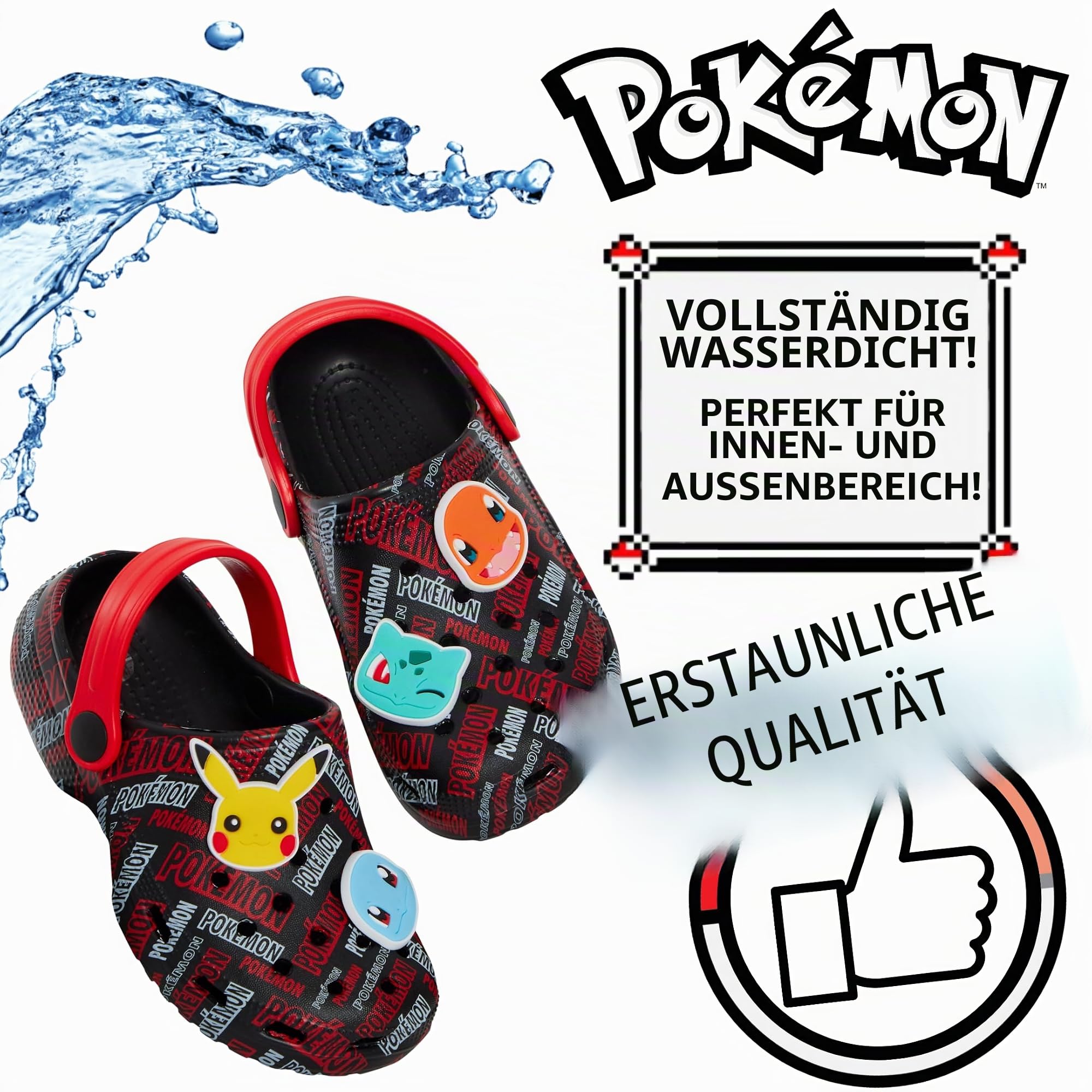 Pokémon Clogs Charms Pokeball, Sandalen für Mädchen und Jungen, Sommerschuhe für Kinder mit Knöchelriemen, Strandschuhe für den Urlaub