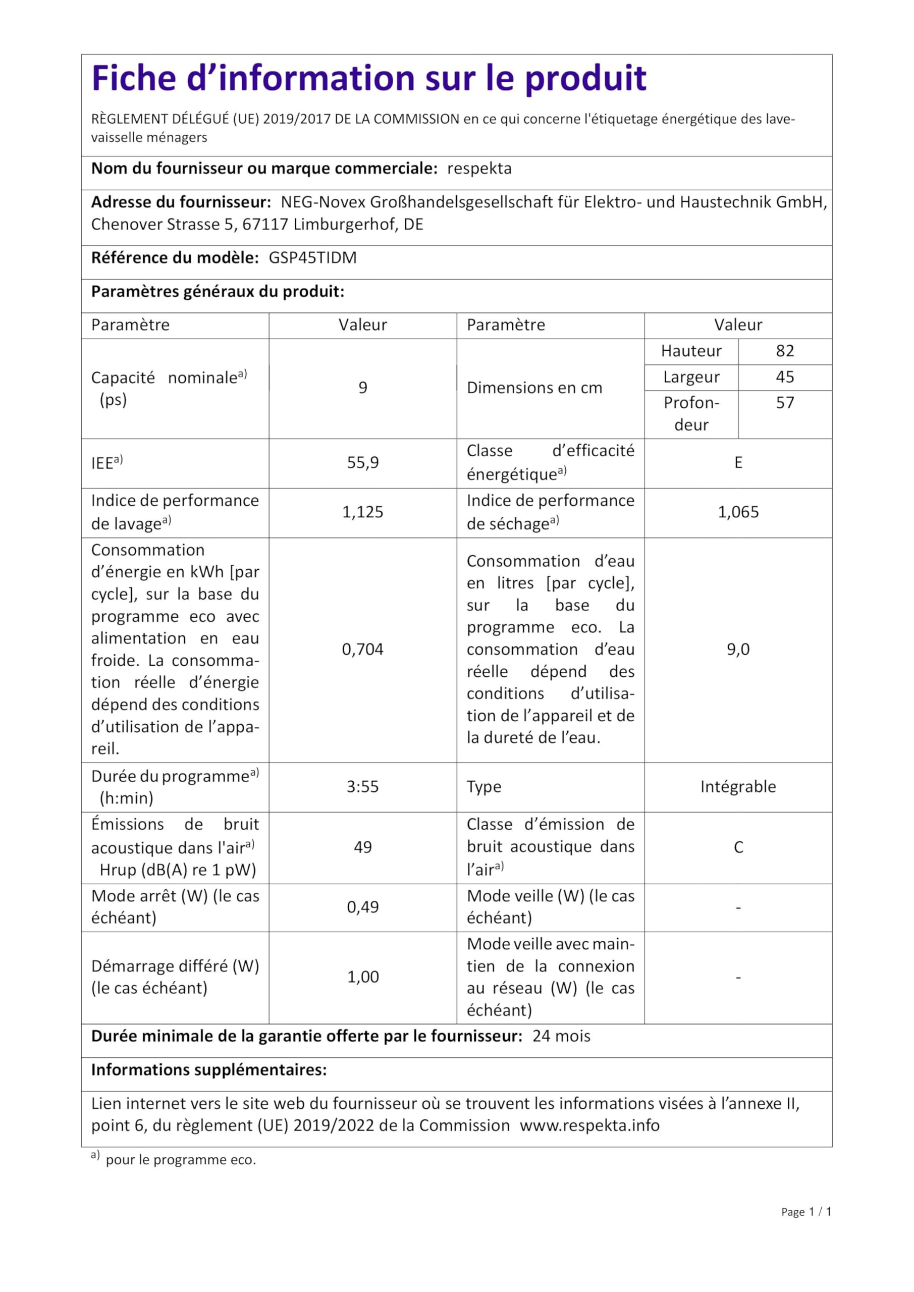 Respekta Lave-vaisselle semi-intégré 45 cm 6 programmes départ différé 9 couverts Affichage LED GSP45TIDM