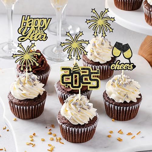 Miniatura 5 de 24 adornos para cupcakes con purpurina para Año Nuevo, decoración para tartas de Año Nuevo 2024 para Año Nuevo, suministros de decoración de fiesta