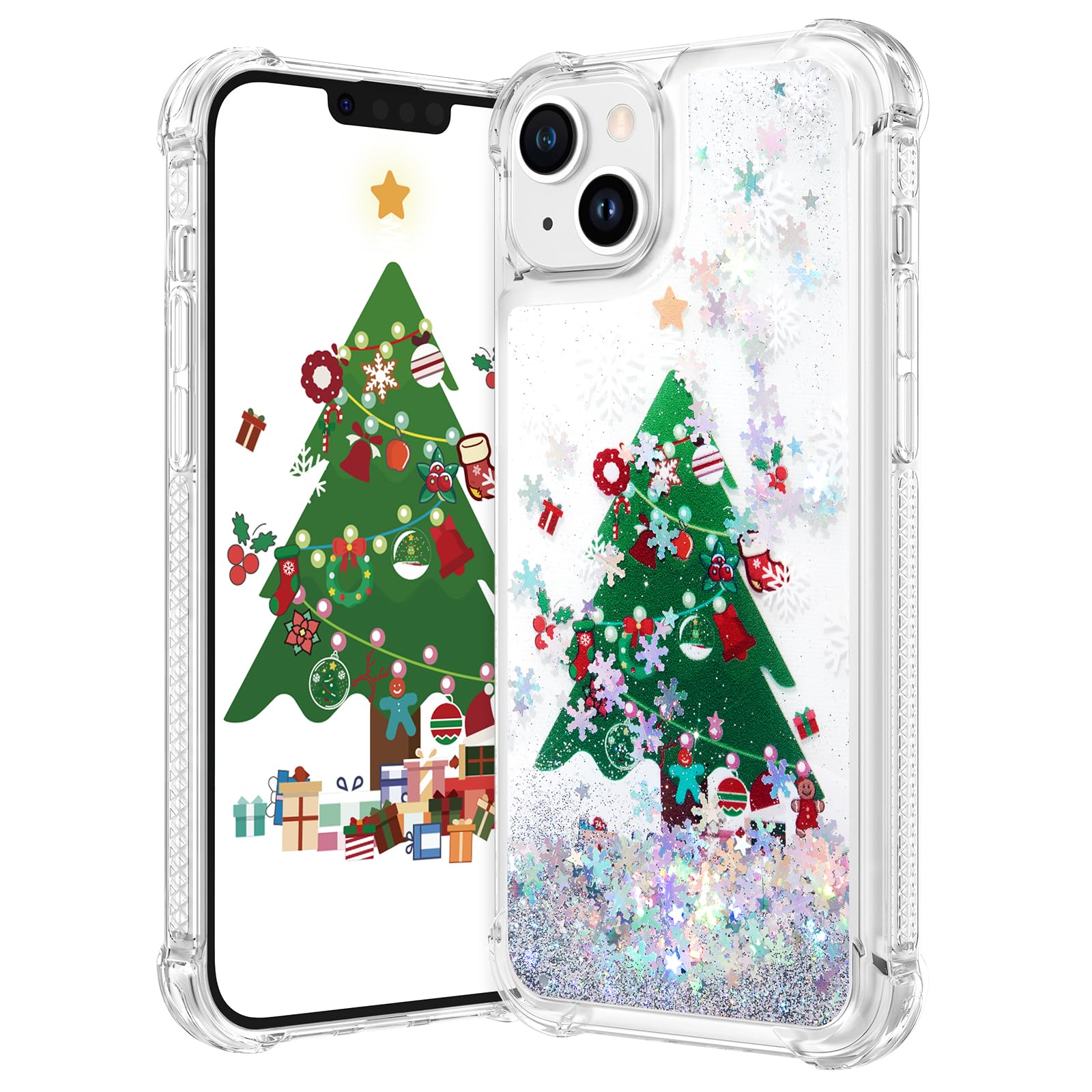 Maxdarafor iPhone 13 iPhone 14 Cute Christmas Tree Case, Glitter Liquid Sparkle Floating Christmas Snowflake for Girls Women Shockproof Soft TPU Case for iPhone 13 & iPhone 14 6.1 inch
