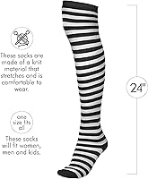 Vista 4 de Skeleteen Calcetines negros y blancos, por encima de la rodilla, a rayas, hasta el muslo, accesorios de disfraz, medias para hombres, mujeres