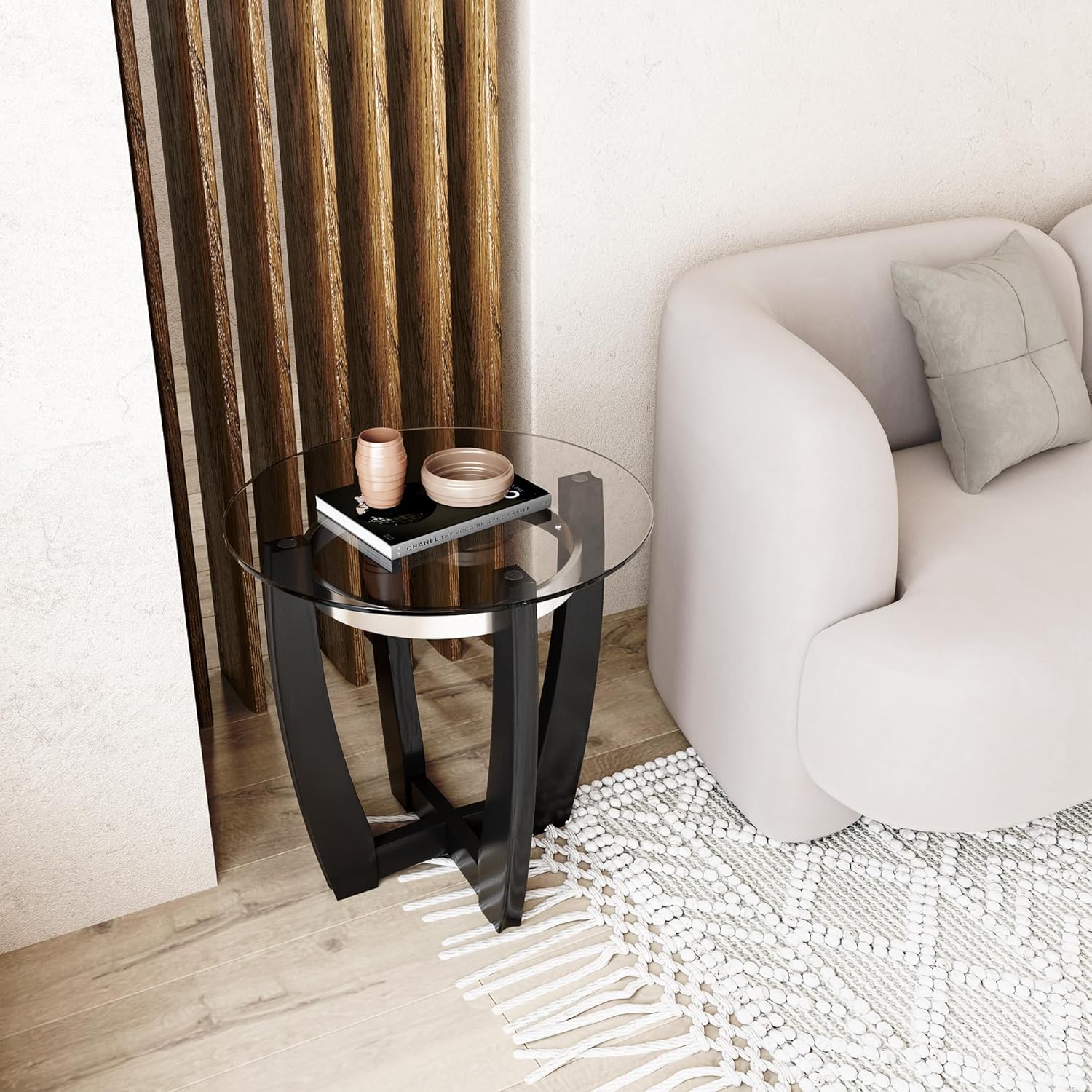 Oval Glass Coffee Table, 43.3" Solid Wood Tea Table with Tempered Glass Tabletop, Modern Glass Sofa Center Table Cocktail Table with Black Cross Base for Living Room Home Office,KFZ1331