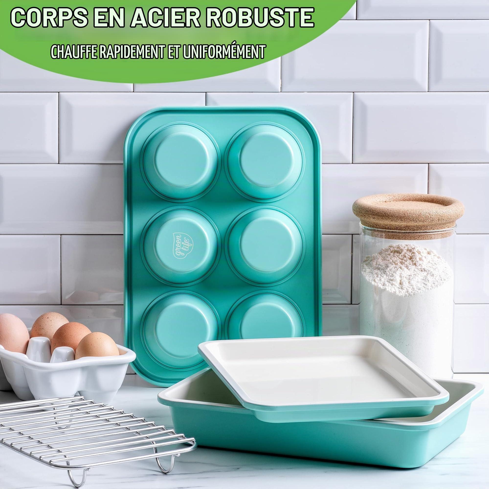 GreenLife Plateau de 12 Moules à Muffins et Cupcakes en Antiadhésive Céramique Saine, Sans PFAS, Démoulage Facile, Va au Lave-Vaisselle et au Congélateur, Va au Four jusqu'à 230°C, Turquoise