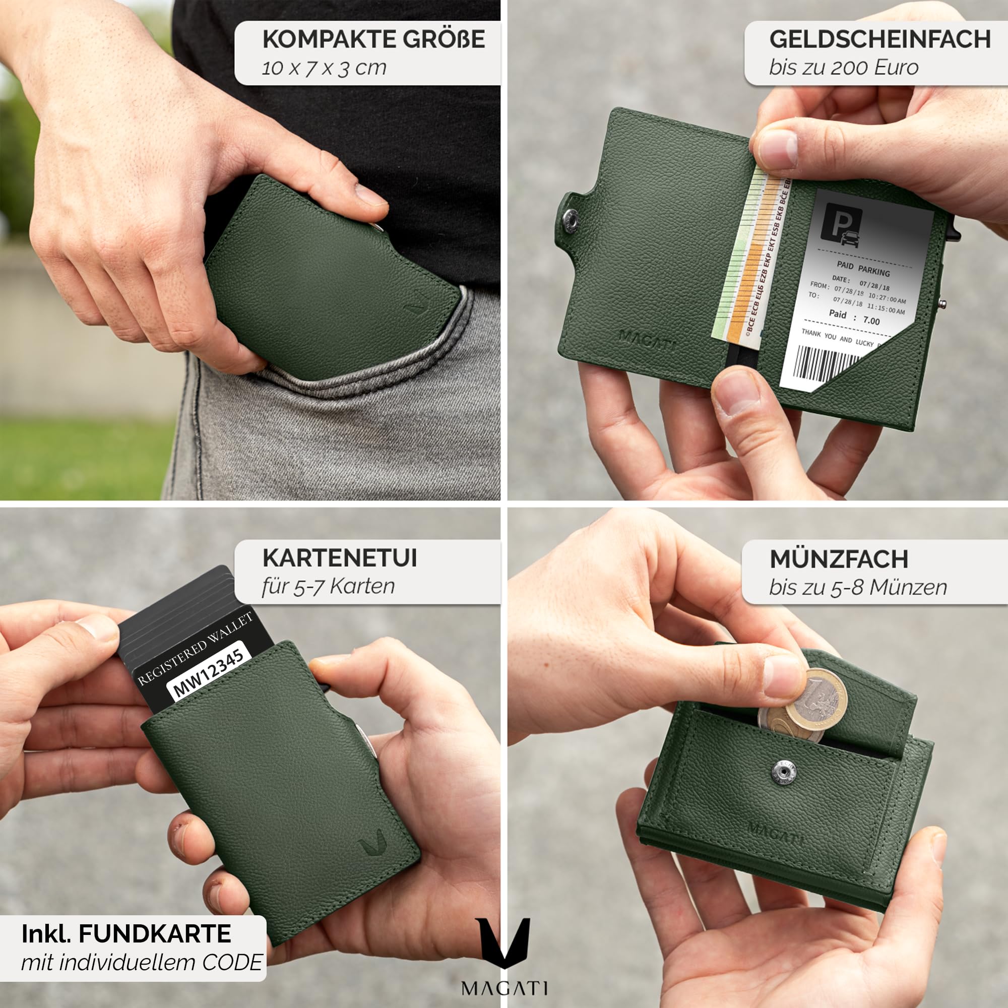 MAGATI Slim Wallet Zani aus Leder mit Fundservice, Kartenetui - Geldbörse mit Münzfach & RFID Blocker, Portmonee mit Kartenhalter & Geldscheinfach, Grün