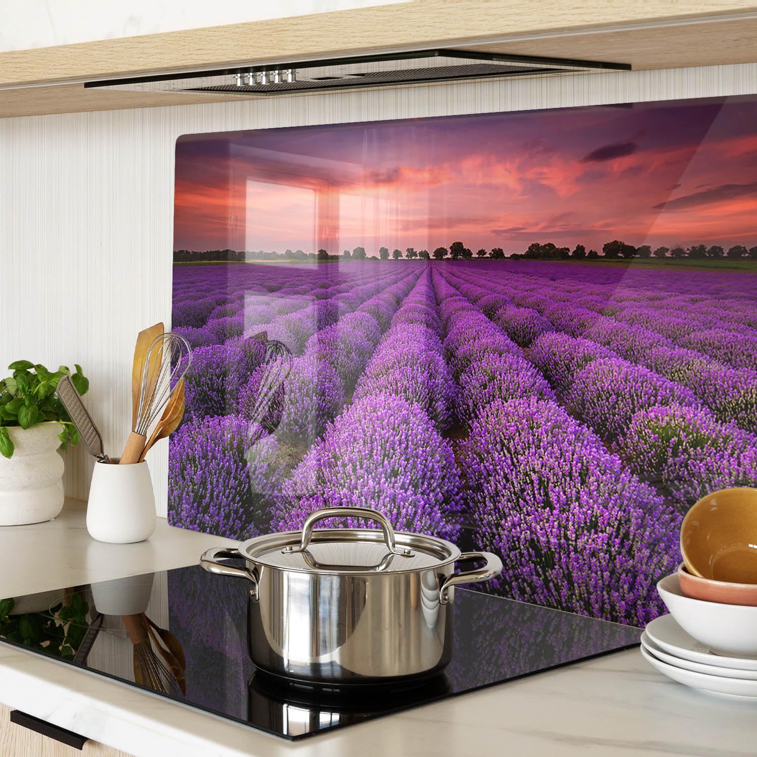 Tagliere in Vetro Protezione 80x52 cm Durevole e Igienico Antigraffio Facile da Pulire con Piedini Antiscivolo Rettangolare Resistente al Calore da Cucina con Stampe - Campo di lavanda