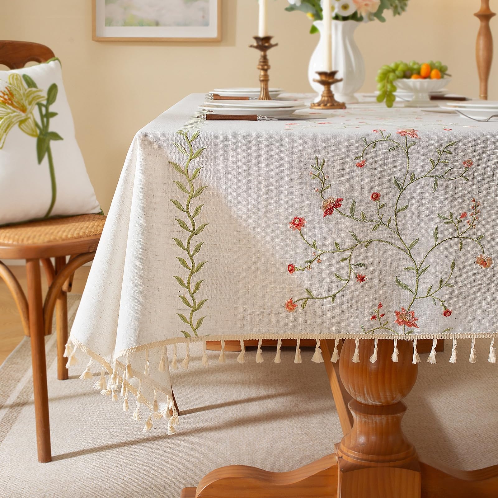 Photo 1 of Laolitou Spring Pink Floral Table Cloth Rectangle Table, Embroidery Heavy Duty Cotton Linen Tablecloth, Farmhouse Rustic Waterproof Wrinkle Free Tablecloths with Tassels, Pink Flower, 55×120 Inch
