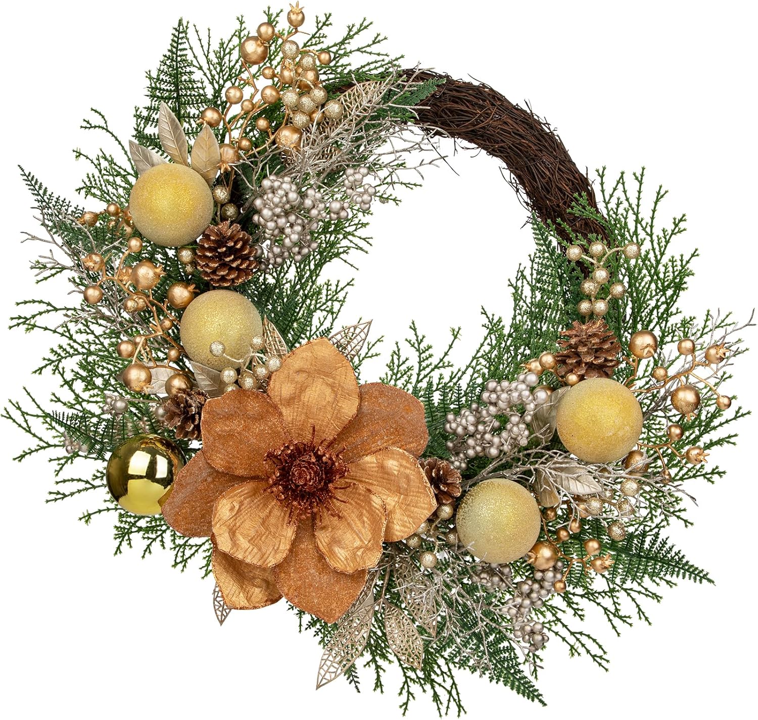 24" Christmas Wreath for Front Door – Artificial Winter Half Wreath with Bronze Maglonia Flower, Gold Ball Ornaments, Berry Clusters for Indoor & Covered Outdoor Holiday Christmas Decoration