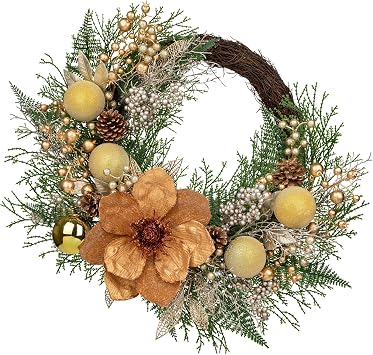 24" Christmas Wreath for Front Door Artificial Winter Half Wreath with Bronze Maglonia Flower, Gold Ball Ornaments, Berry Clusters for Indoor & Covered Outdoor Holiday Christmas Decoration