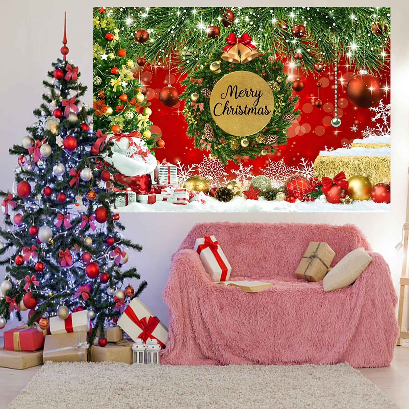YongFoto 3x2m Photography Backdrop Christmas Tree Fireplace Stocking Sofa Gifts Bear Lantern Carpet Interior Photo Background Backdrops Photography Video Party Kids Wedding Portrait Photo Studio Props - View #4