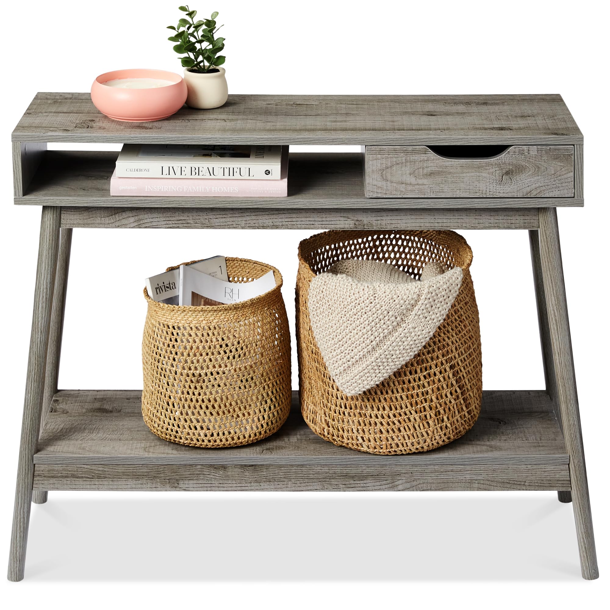 Best Choice ProductsMid-Century Modern Console Table, Sofa Table, Accent Furniture for Hallway, Living Room, Entryway Foyer Space-Saving w/Cubby, Drawer, Lower Storage Shelf - Gray