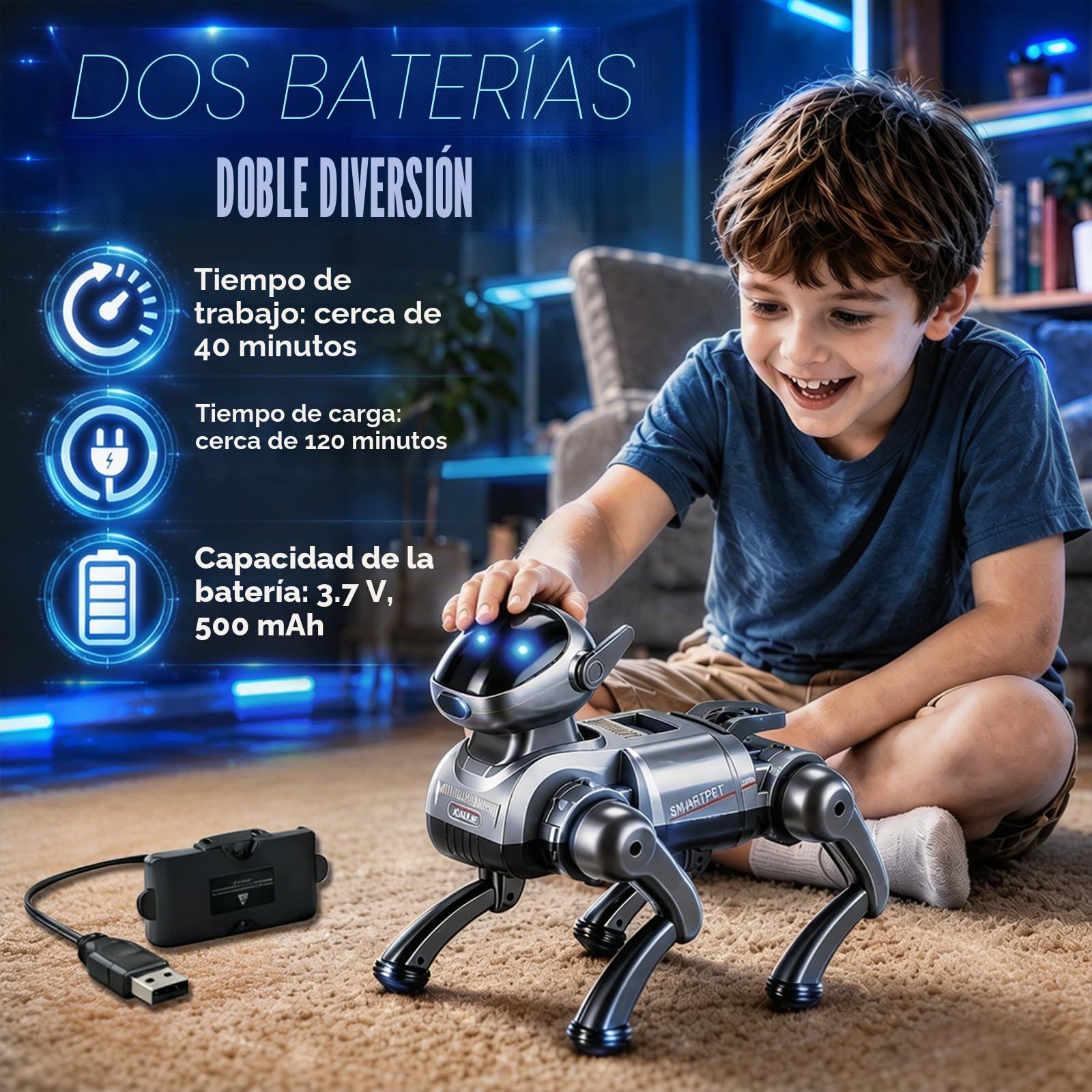 Perro Robot para Niños Recargable – Robot programable con Control Remoto 2.4G, 25 Funciones, Perro Robot Inteligente con Luces LED y Efecto de Humo, Regalos para Niños y Niñas