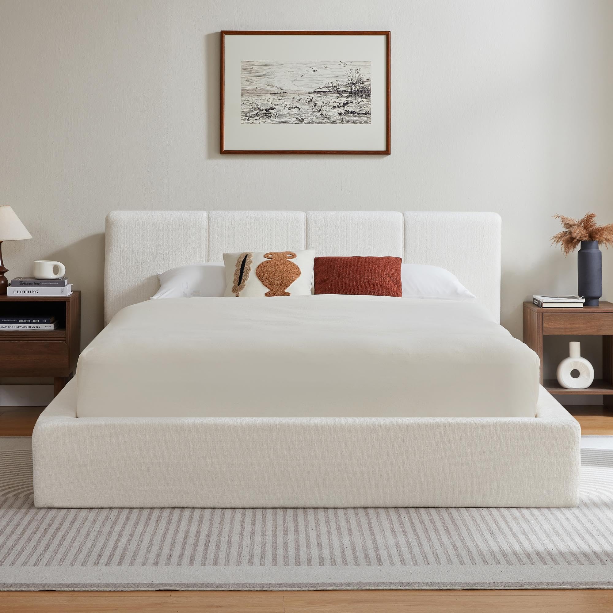 Assembled HANXIN Queen Size Cloud Upholstered Platform Bed Frame in Cream White