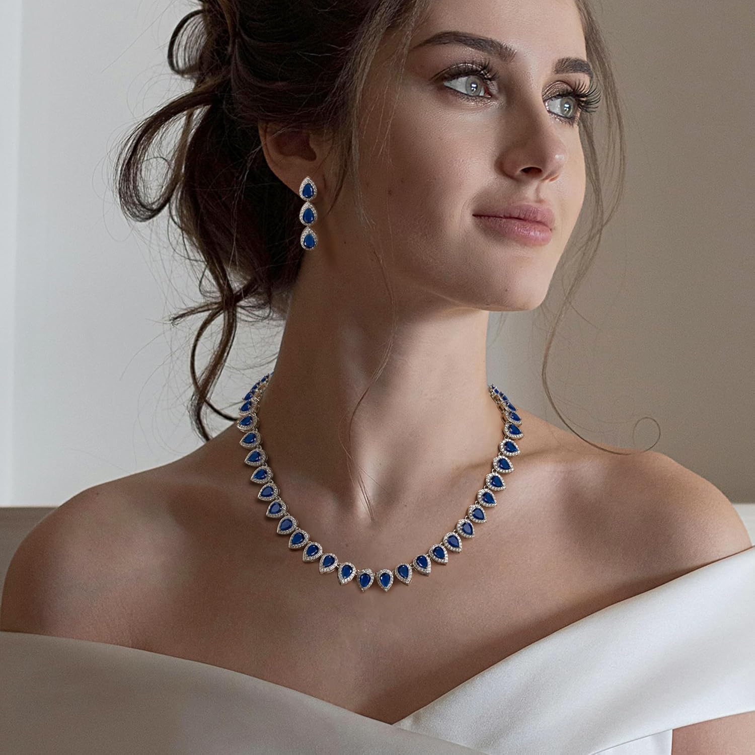 EleQueen Women's Silver-Tone Full Prong Cubic Zirconia Teardrop Bridal Necklace Earrings Set