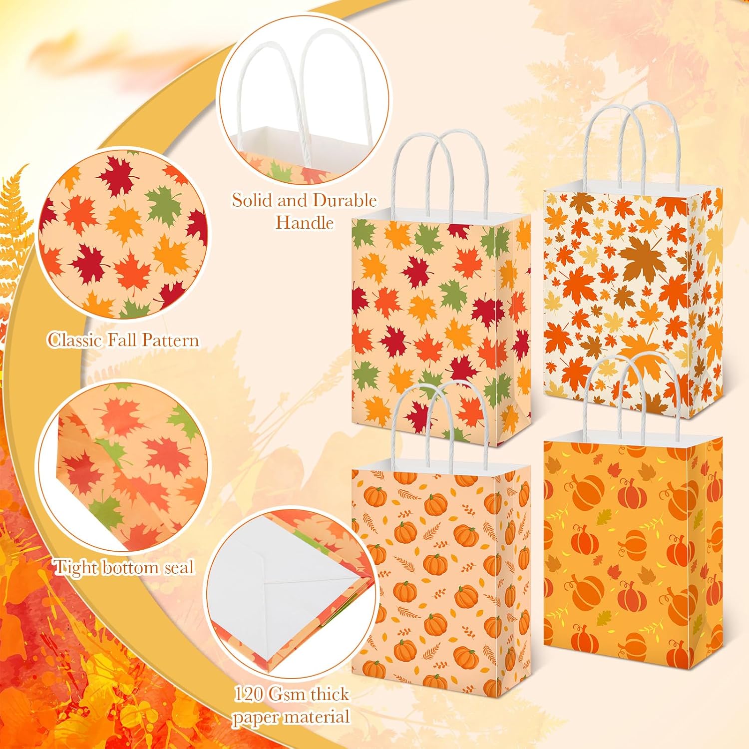 Gersoniel 48 Pieces Fall Thanksgiving Paper Gift Bags with Handle Autumn Treat Candy Goodie Bags with Pumpkin and Maple Leaves Patterns for Fall Autumn Thanksgiving Party Favors - Image 5