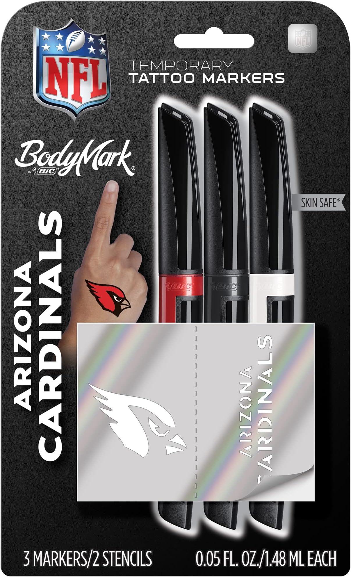 BICBIC BodyMark, Temporary Tattoo Marker, NFL Series, Arizona Cardinals, Skin Safe, Brush Tip, Assorted Colors, 3-Pack with Stencils