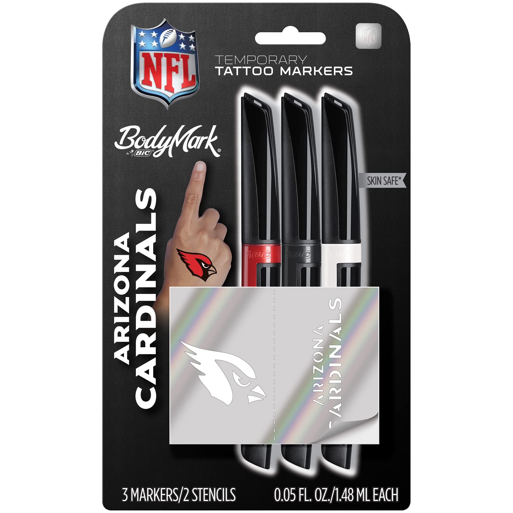 BICBIC BodyMark, Temporary Tattoo Marker, NFL Series, Arizona Cardinals, Skin Safe, Brush Tip, Assorted Colors, 3-Pack with Stencils